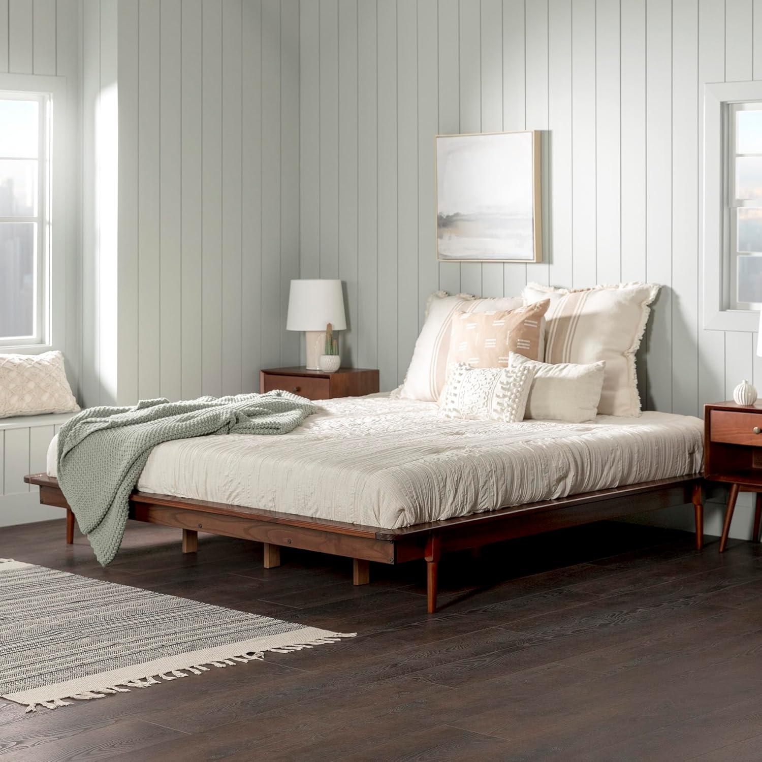 King Mid Century Modern Solid Wood Platform Bed - Walnut