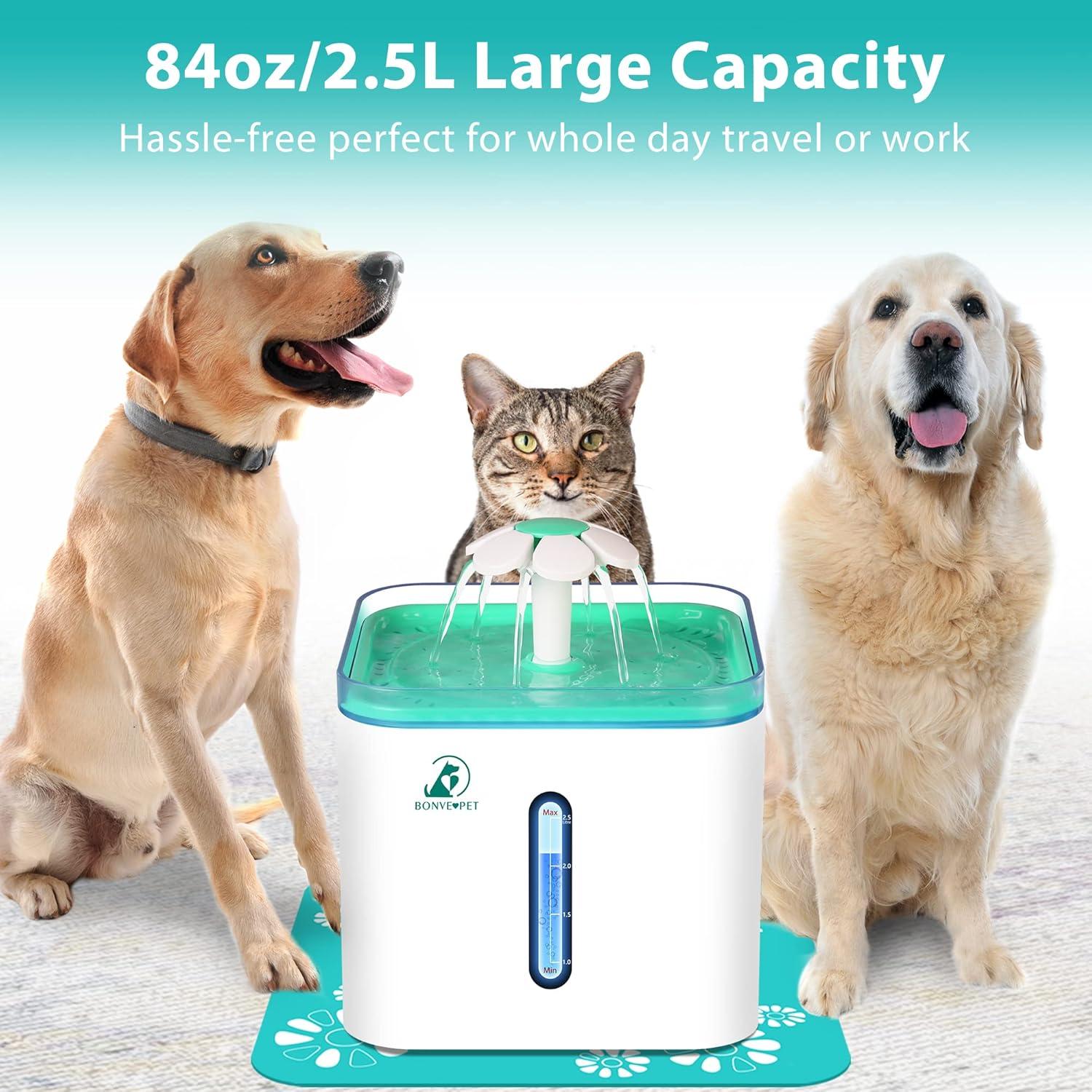 Water Fountain, Bonve Pet 2.5L/84oz Automatic Pet Water Fountain Dog Water Dispenser with Intelligent Pump and LED Indicator for Water Shortage Alert, with 3 Replacement Filters,1 Silicone Mat C9