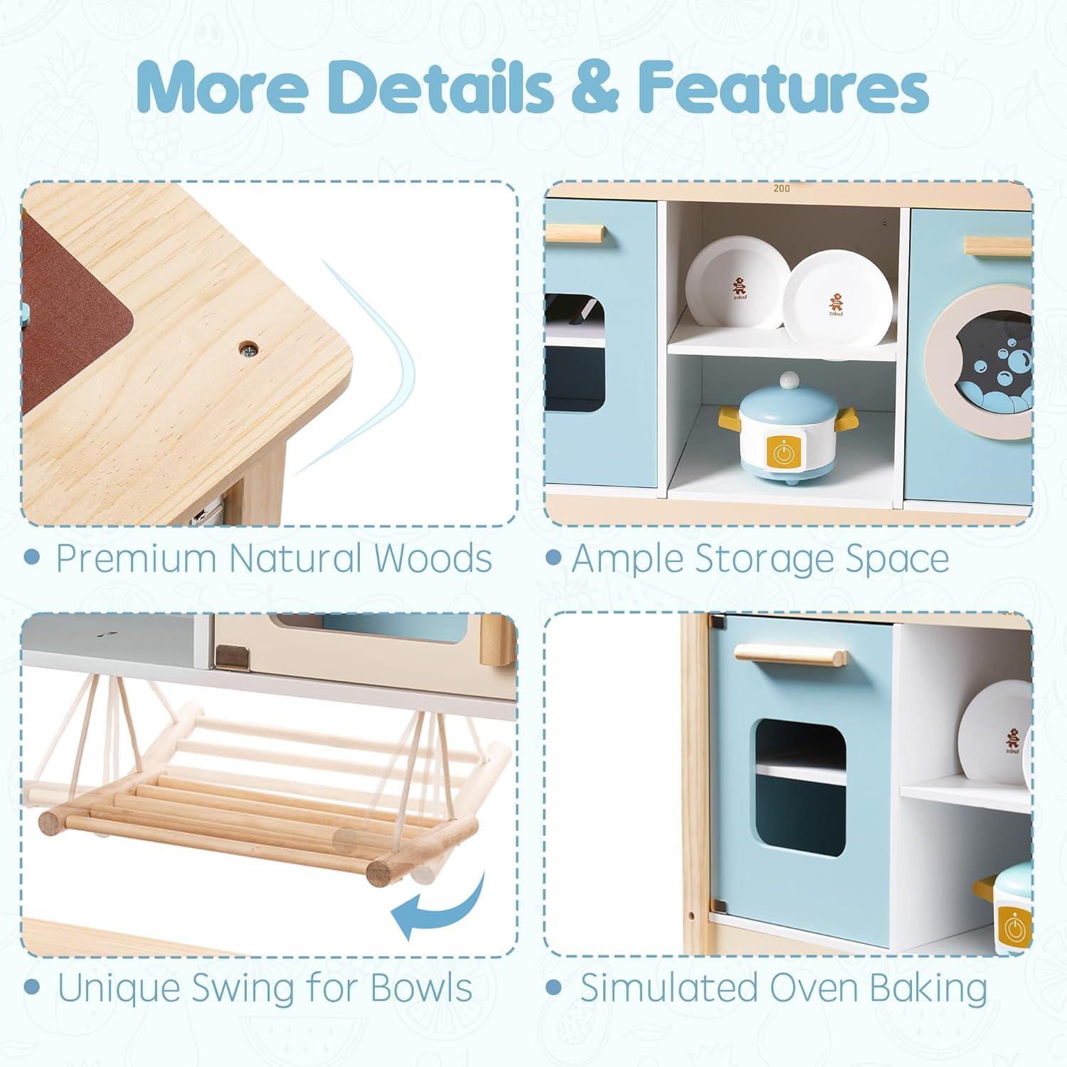 ROBUD Solid Wood Play Kitchen & Accessories Set, Preschool Kitchen Set, Kids Kitchen Playset
