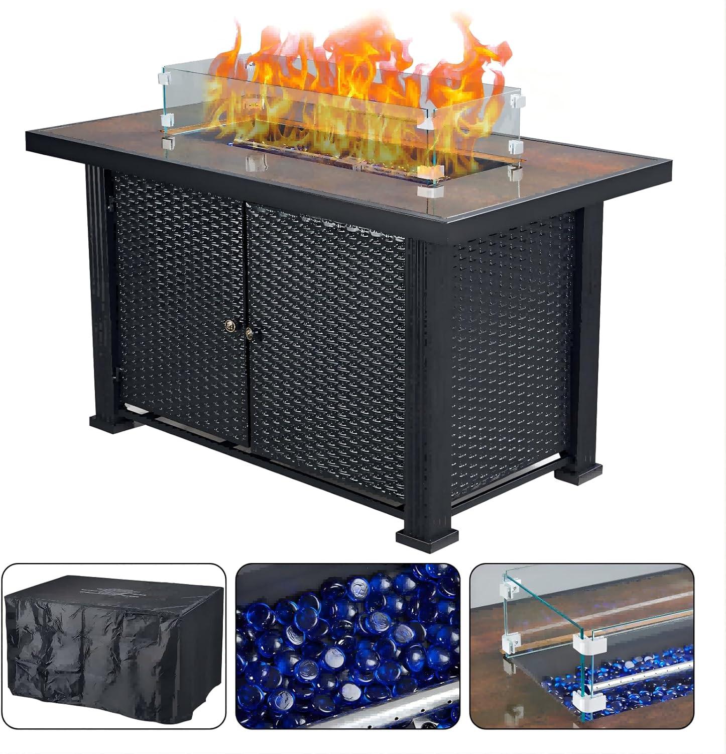 Adoolla 44" Outdoor Double Door Propane Gas Fire Pit Table 50,000 BTU with Lid, Lava Rock & Glass Wind Guard