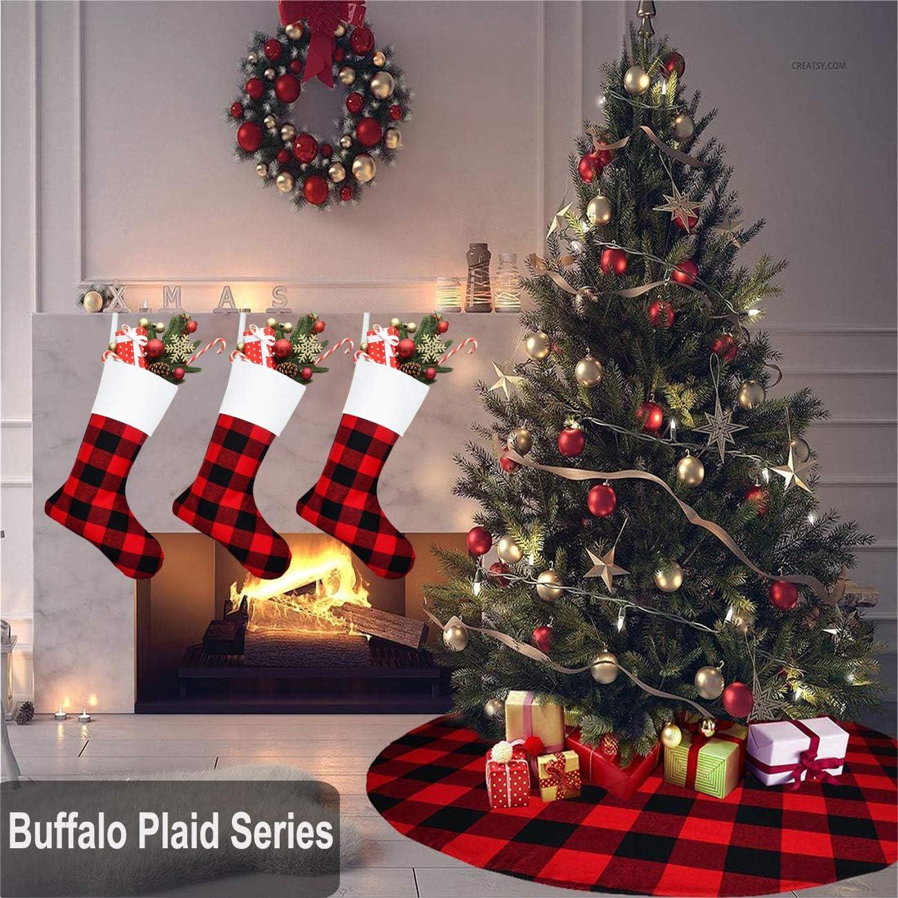 TinyGlam  Christmas Red Black Buffalo Plaid Stockings,6 Pack 18 Inches Large Plaid Stockings with Plush Cuff,Classic Christmas Stockings Decorations for Fireplace Hanging and Holiday Décor