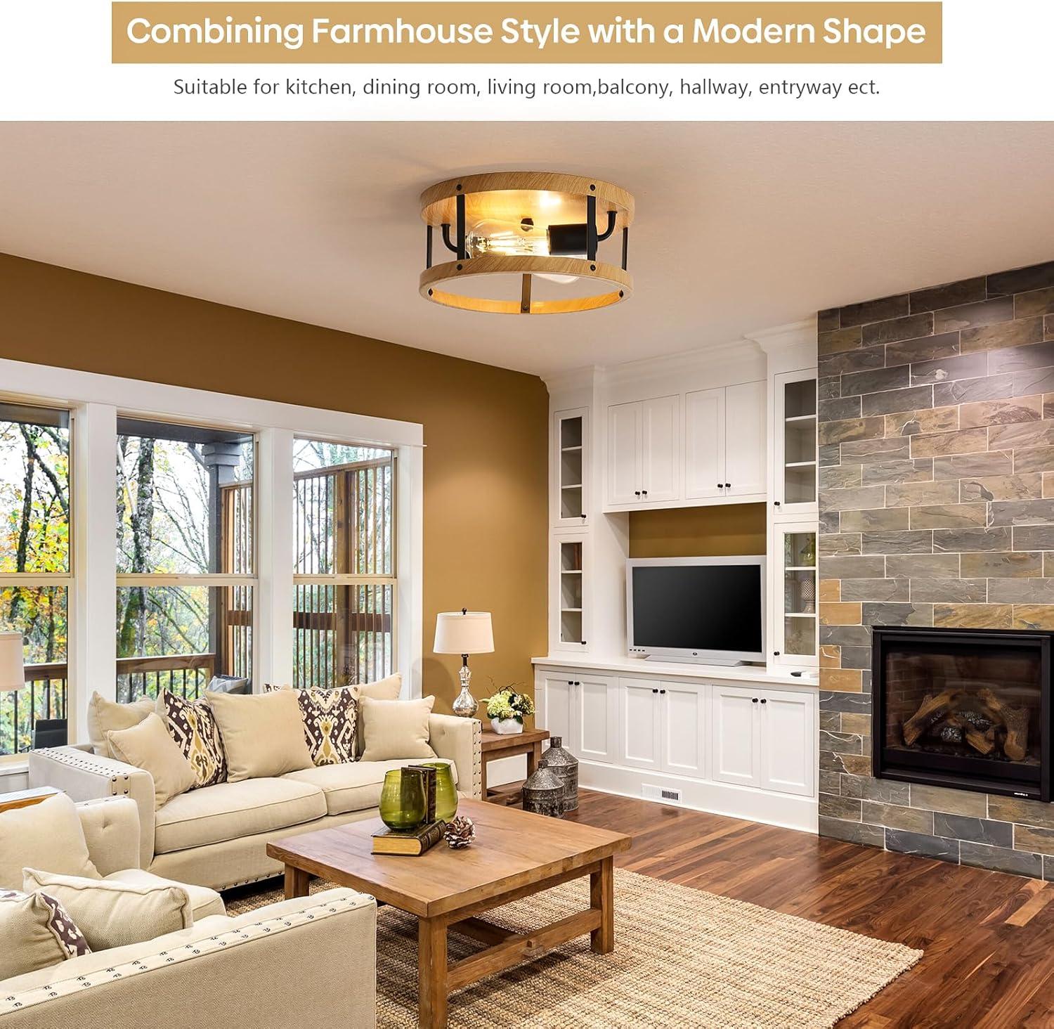 2-Light Industrial Flush Mount Ceiling Light Fixture, Wood Finish Farmhouse Ceiling Light Fixture,Modern Flush Mount Light Fixture for Kitchen Bedroom Living Room Hallway 1 Pack