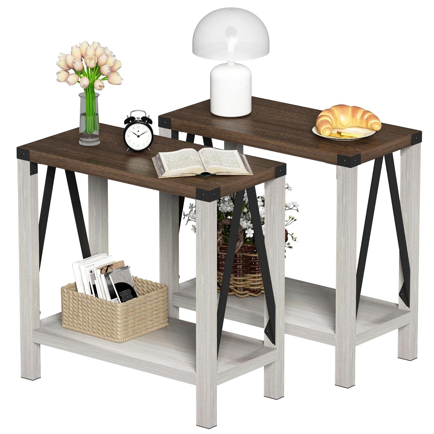 Gracie Oaks Farmhouse End Table For Small Spaces, Narrow Side End Table With Storage Shelf, Rustic A-Design Nightstand Sofa Table For Living Room, Bedroom 2 Pack
