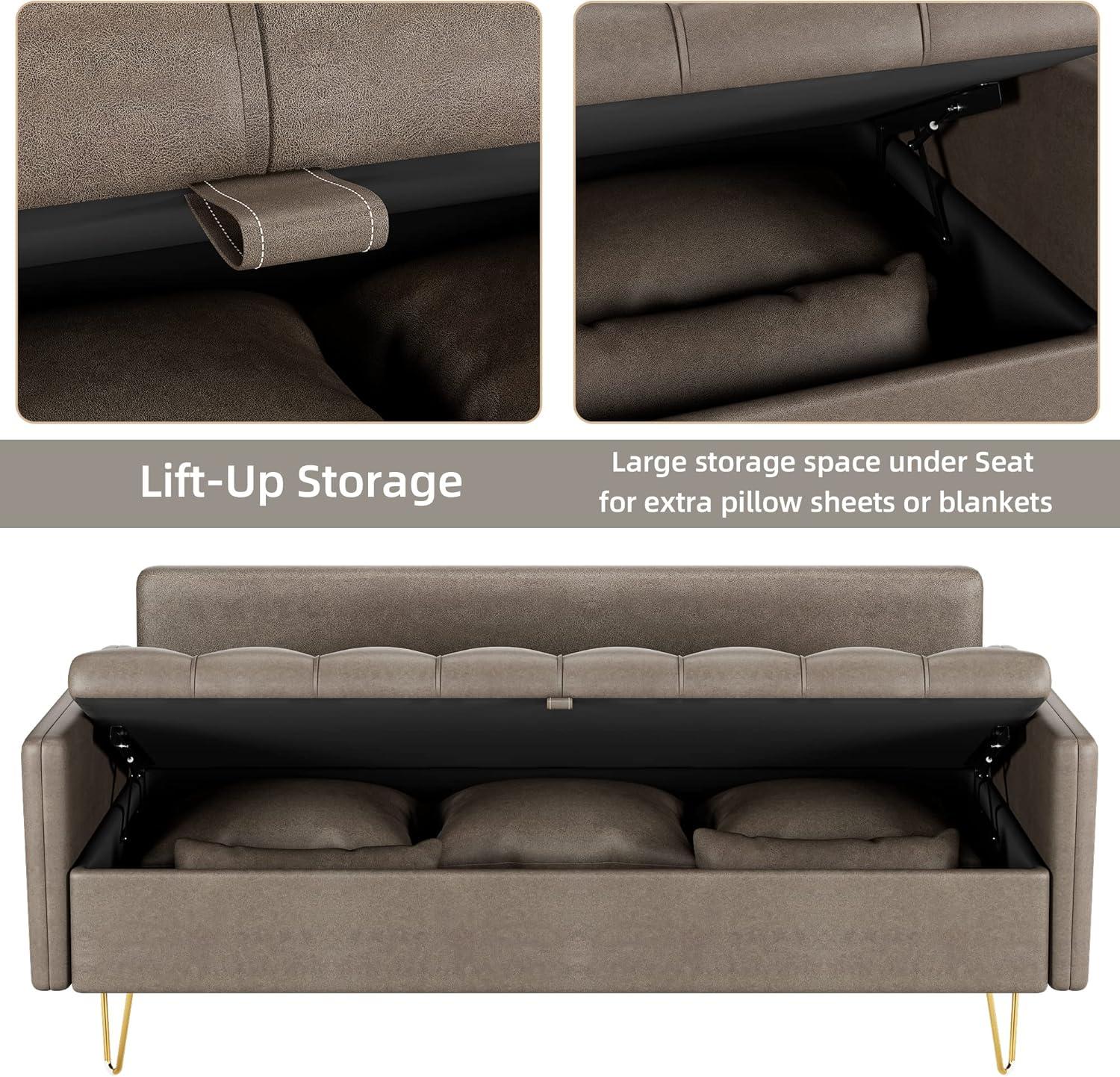 Faux Leather Sofa Couch 60" W Sofas with Button Tufted Design and Hand Stitched, Heavy Dutywith Gold Metal Legs, Lift-Up Storage and Bolster Pillows in Dark Brown