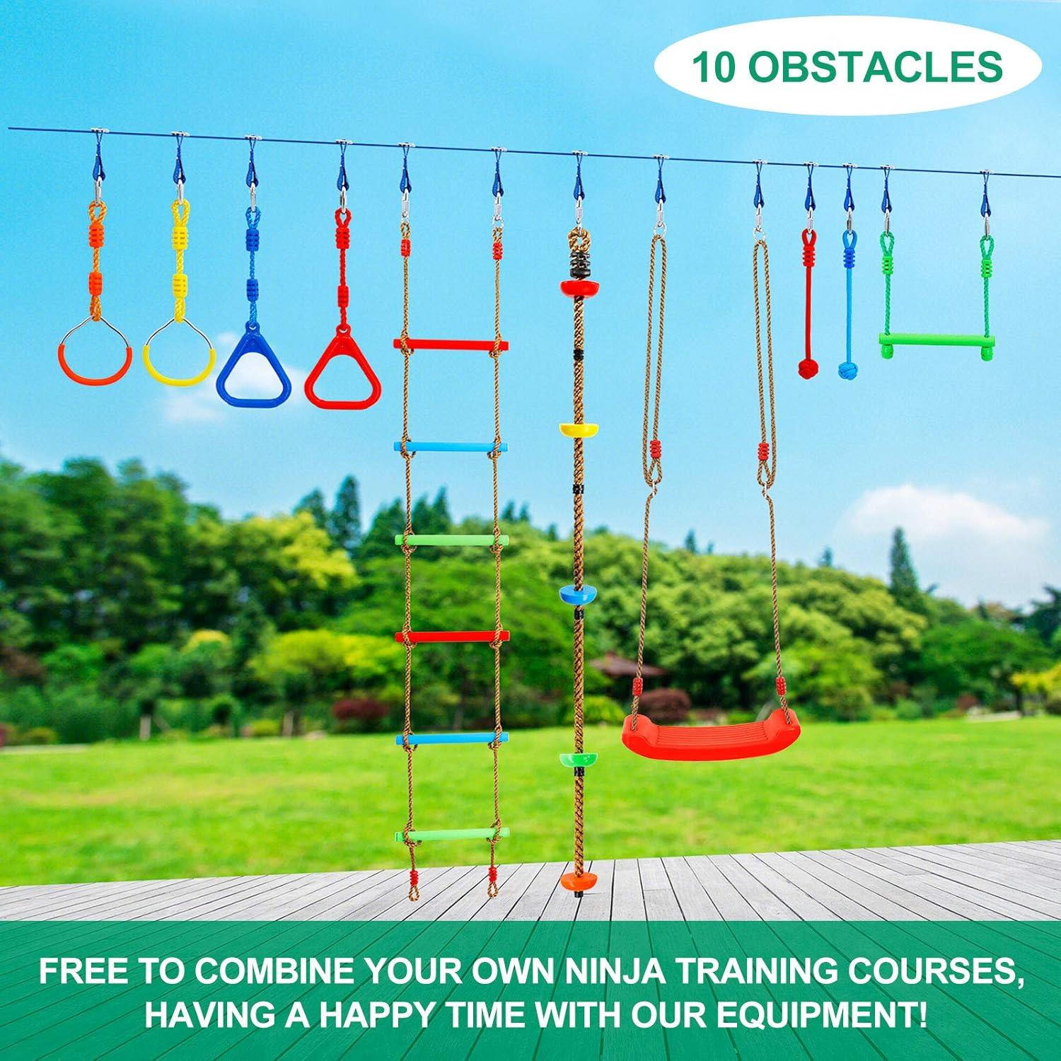 Ninja Warrior Obstacle Course Kit for Kids Ninja Slackline with 10 Accessories Monkey Bars, Ladder, Climbing Rope, Gym Rings, Swing, Monkey Fist for Backyard Training Equipment