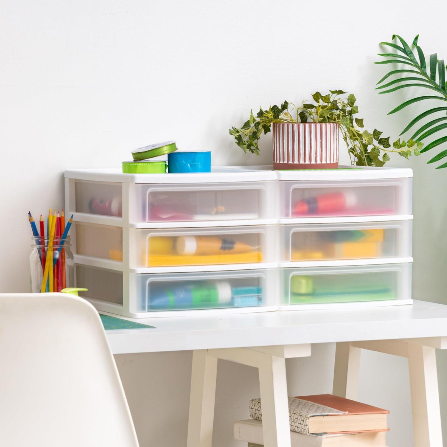 IRIS USA Medium 3-Drawer Stacking Desktop Organizer, 1 Pack, Plastic Drawer Storage Container for Stationery Art Craft Supplies, White