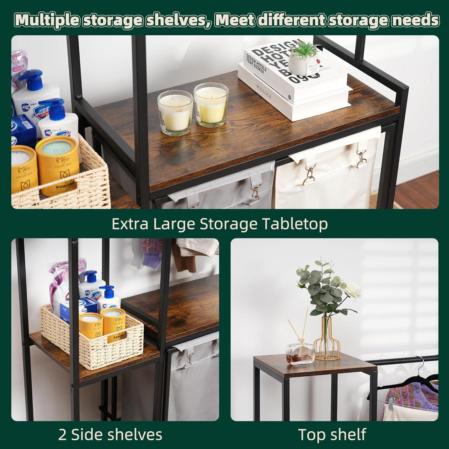 VASAGLE Clothes Rack with Laundry Hamper Removable Laundry Basket with Shelf Rustic Brown and Black