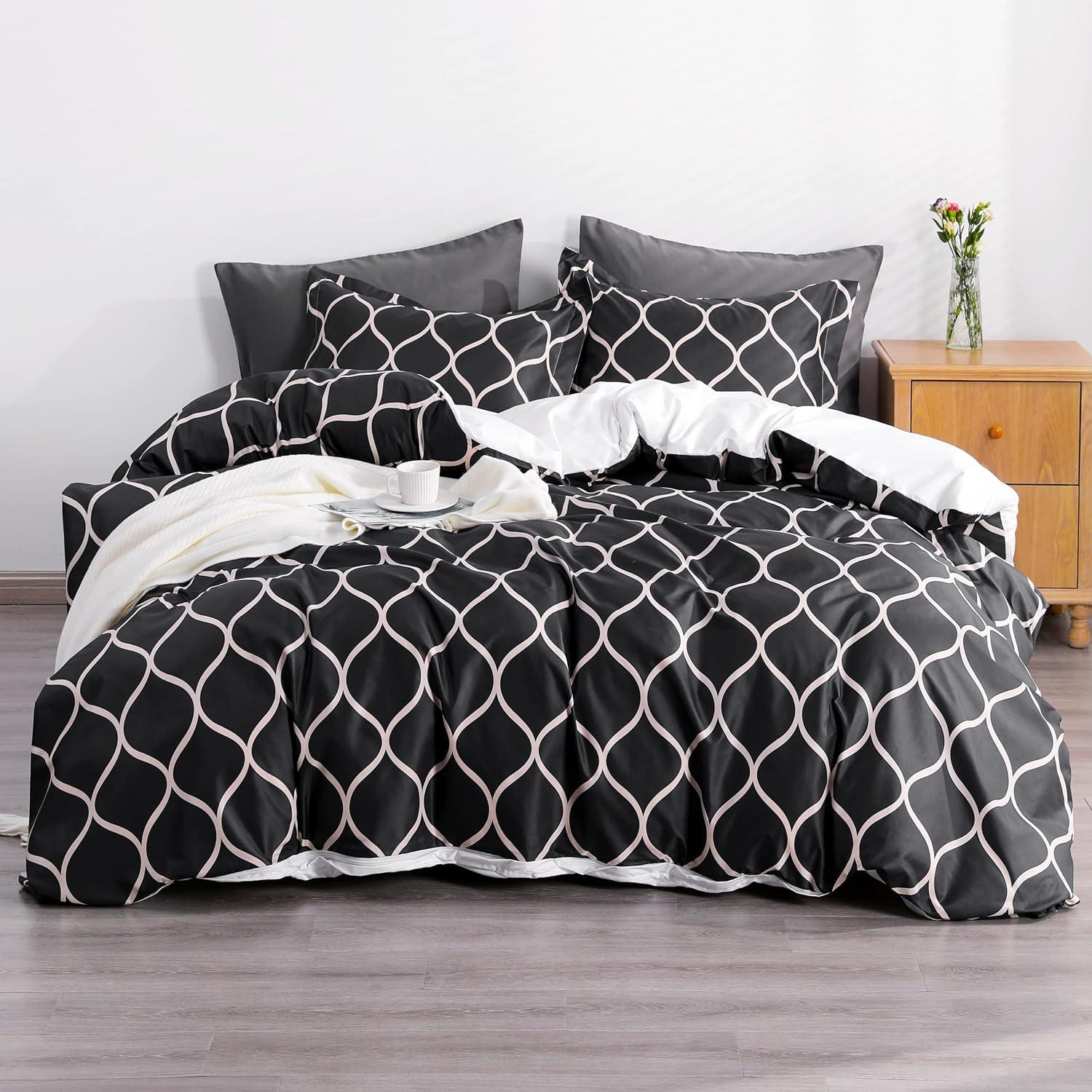 Twin Black and Off-White Microfiber Duvet Cover Set