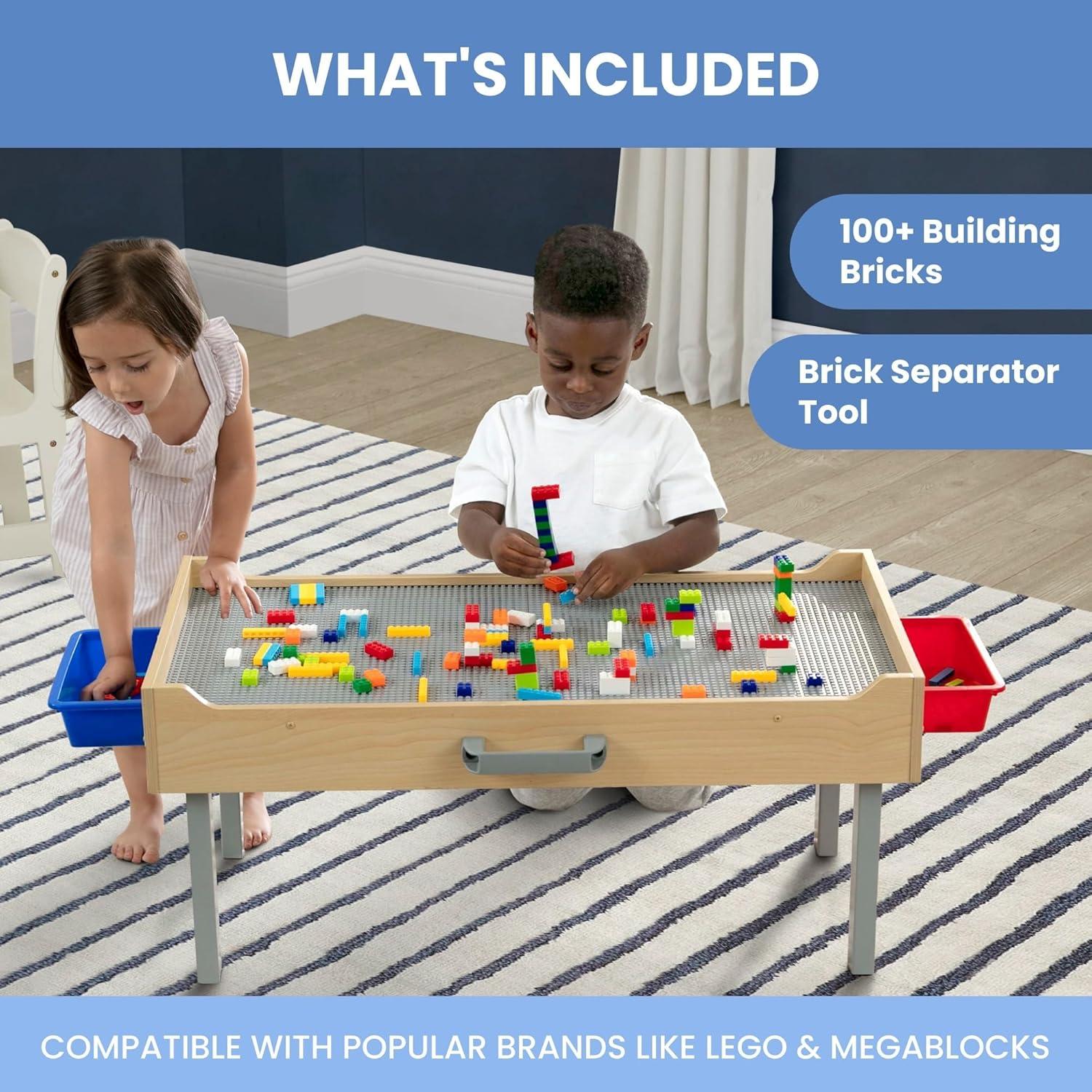 Delta Children Play N Store Building Bricks Play Table with 100+ Play Bricks Included - Large Brick Plate Compatible with LEGO, MegaBlocks & More - Legs Fold for Easy Under Bed Storage, Grey