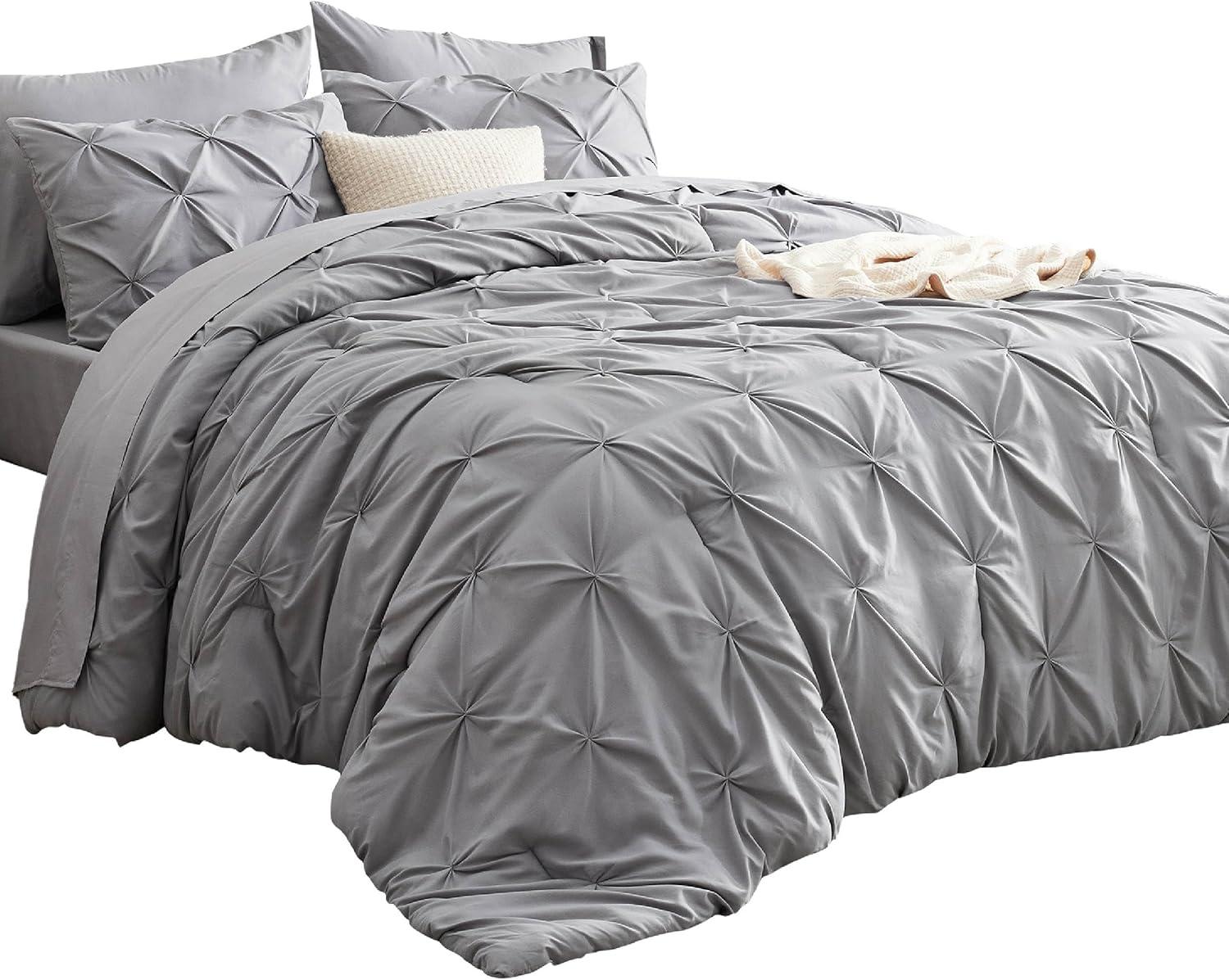 Queen Comforter Set - Bed in a Bag Queen 7 Pieces, Pintuck Bedding Sets Grey Bed Set with Comforter, Sheets, Pillowcases & Shams