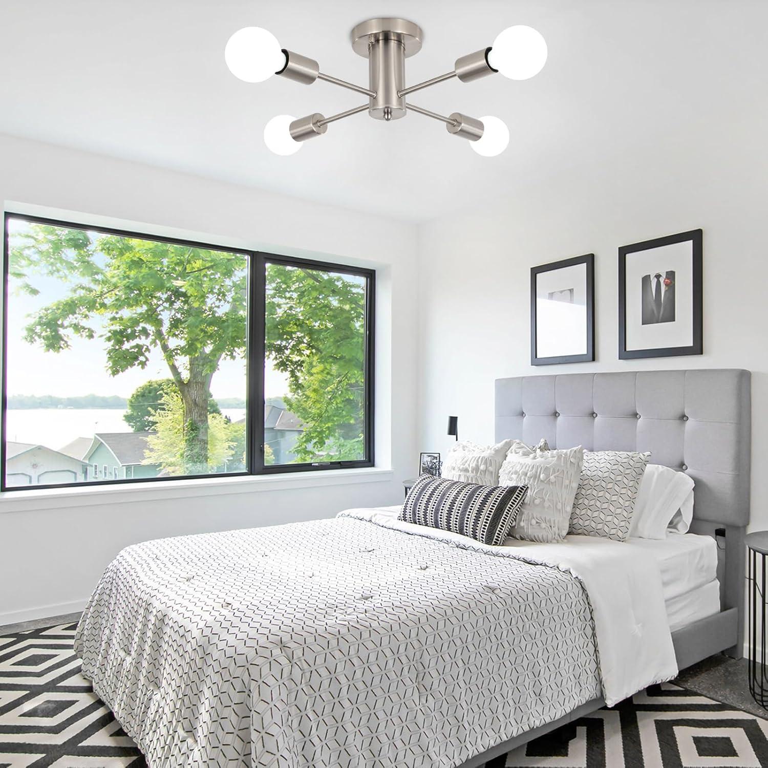 Sputnik Chandeliers, 4 Lights Kitchen Lighting Fixtures Ceiling Brushed Nickel Chandelier, Semi Flush Mount Ceiling Light Fixture for Bedroom Hallway Kitchen Living Room Dining Room