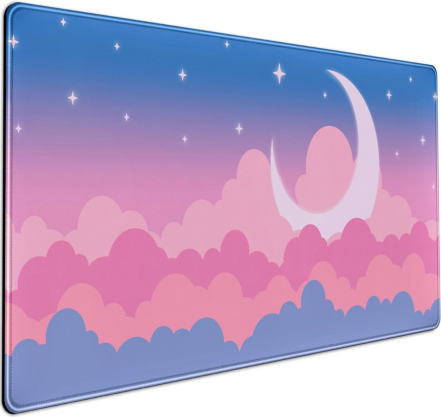 Cute Clouds Desk Mat Kawaii Desk Pad Gaming Mouse Pad Large Blue Sky Deskmat XXL Mousepad, Pink Purple Keyboard Mouse Mat Computer Mat for Desk, Kawaii Desk Decor for Women Girls 31.5X15.75 in