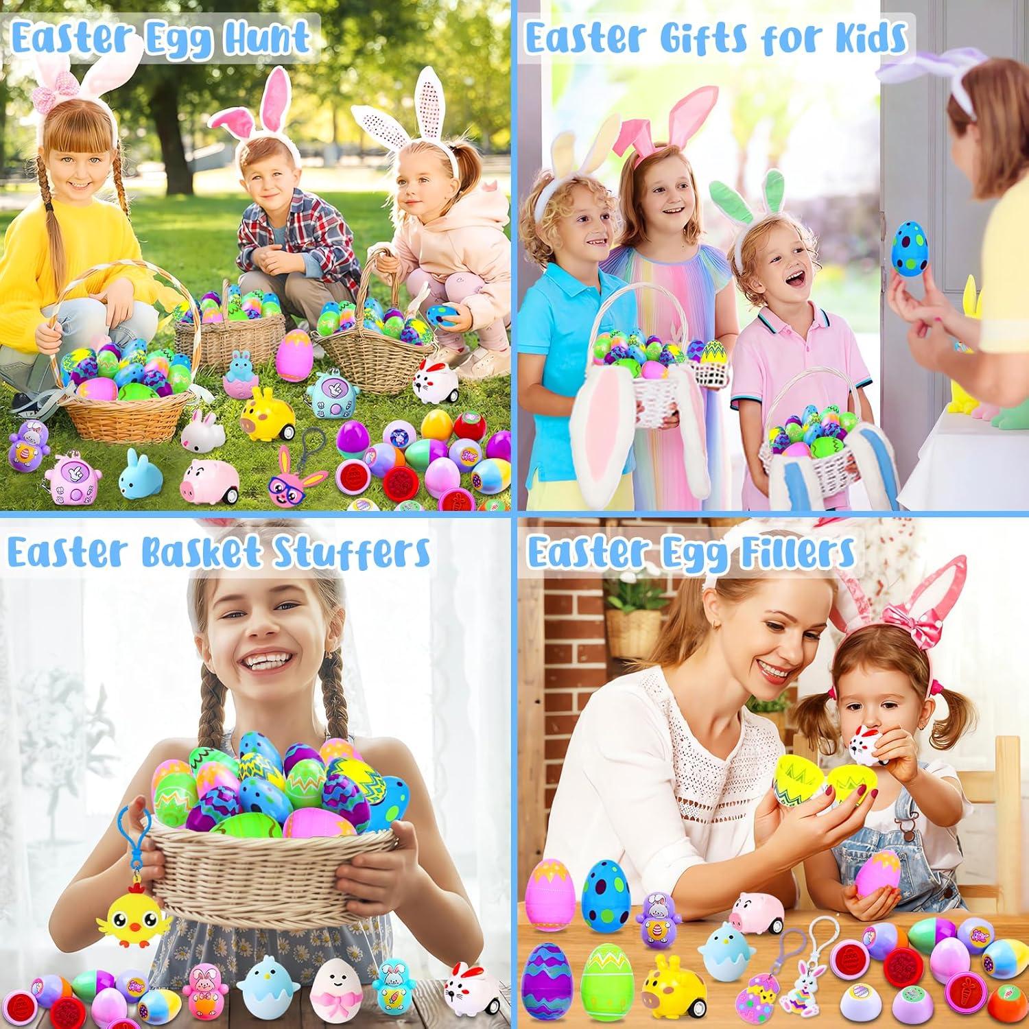 48 Pack Easter Egg Fillers, Basket Stuffers with Assorted Squishies and Stampers,Easter Party Favors, Egg Hunt, Gift Classroom Prize for Kids Boys Girls
