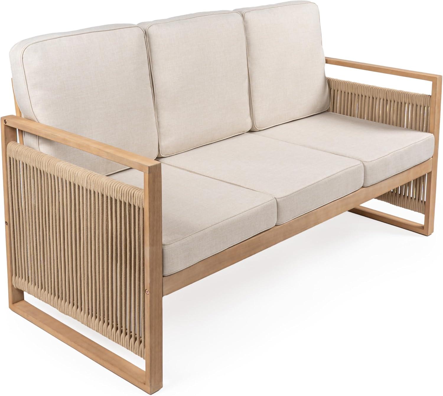 Gable 3-Seat Mid-Century Modern Roped Acacia Wood Outdoor Sofa with Cushions - JONATHAN Y