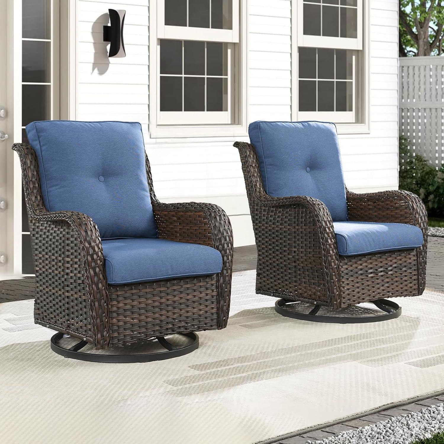 Outdoor Swivel Rocker Patio Chairs-Wicker Patio Swivel Chairs Set of 2 PE Rattan Patio Furniture for Porch Deck Balcony Garden-Brown/Blue