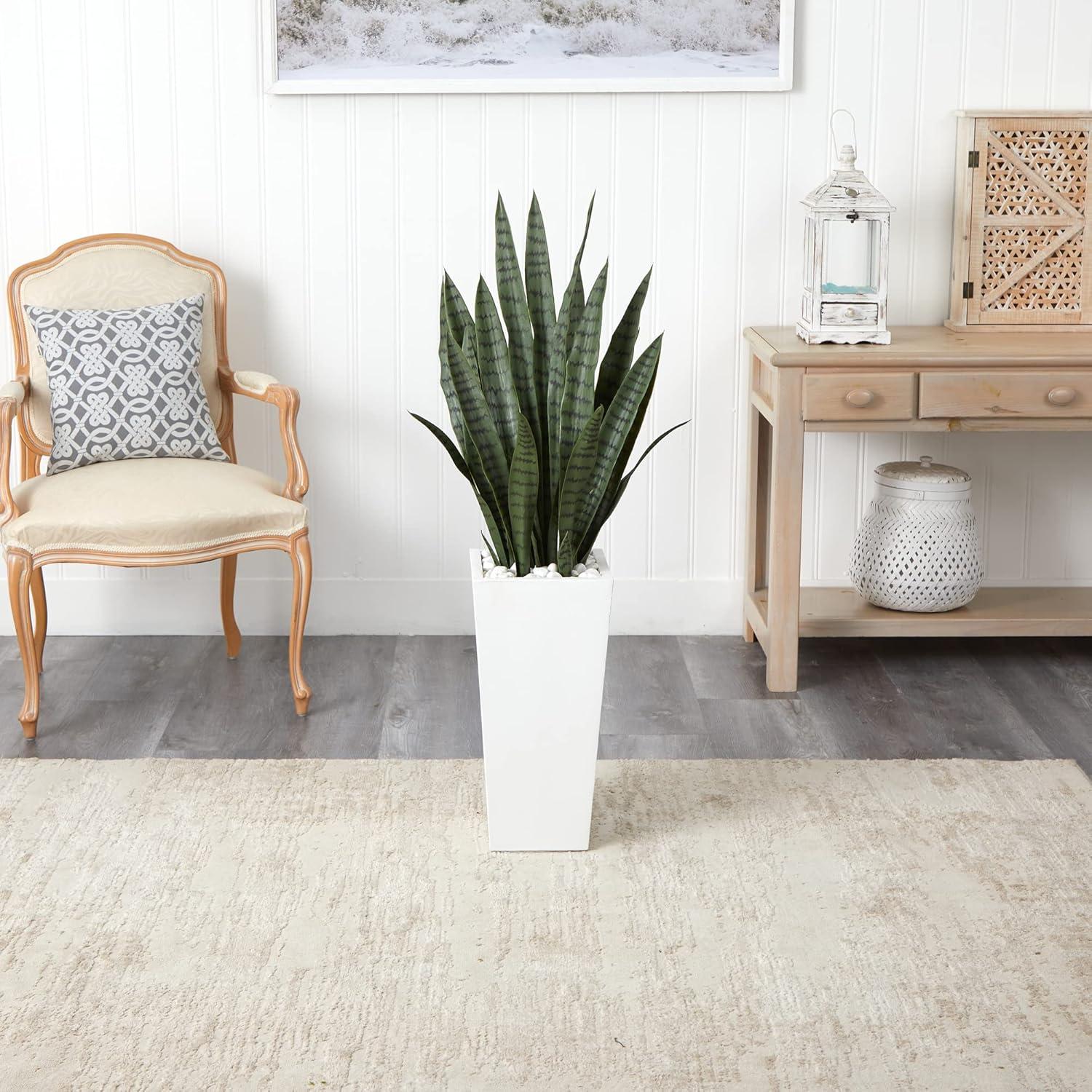 Nearly Natural 4' Plastic Sansevieria Artificial Plant in White Tower Planter, Green