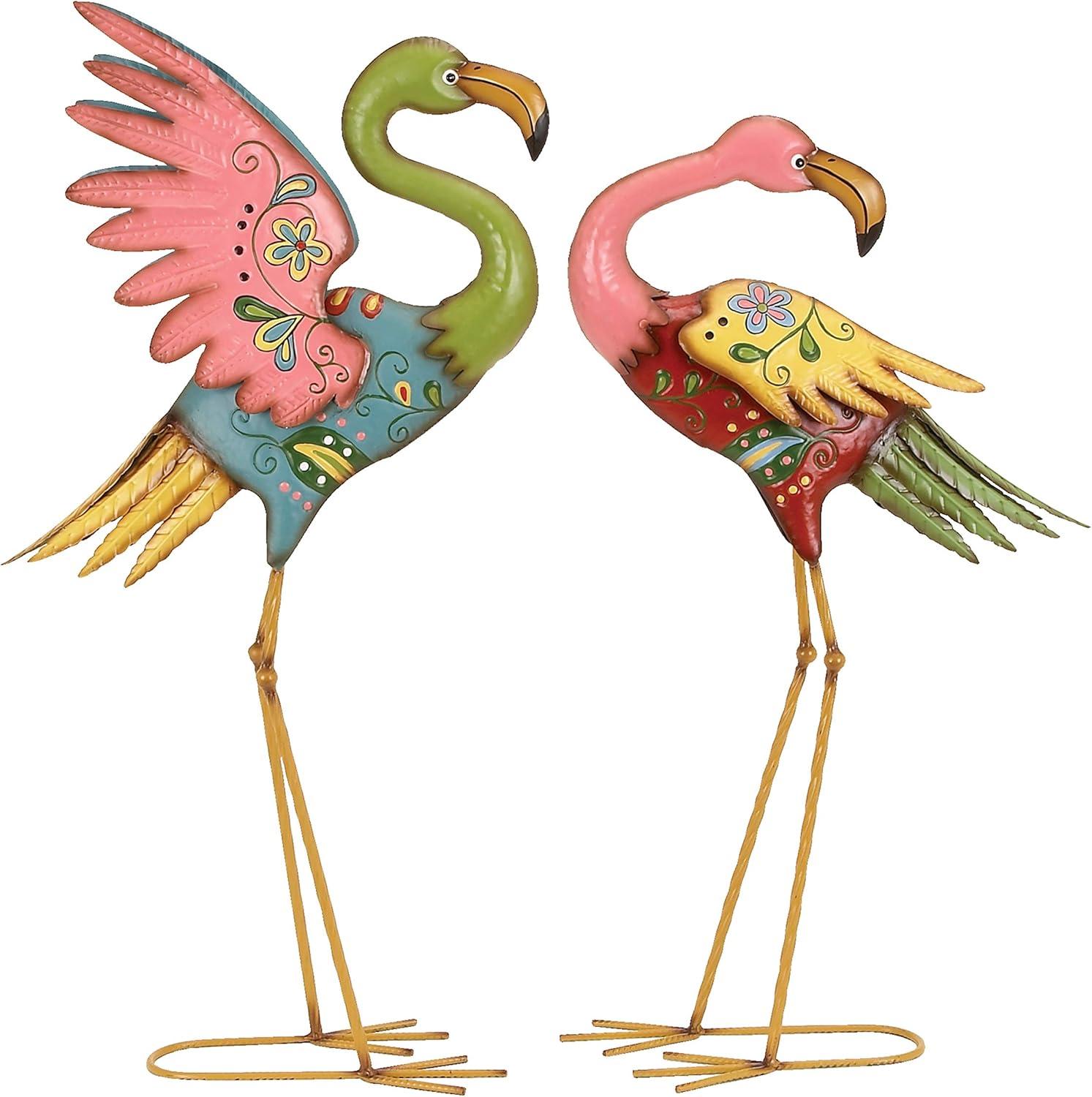 28" Multicolor Hand-Painted Metal Flamingo Garden Sculptures, Set of 2