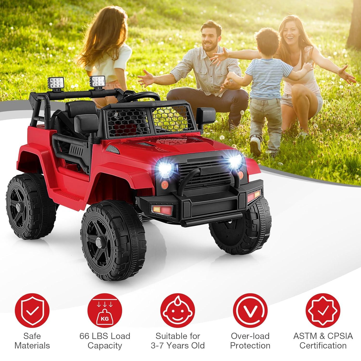 HONEY JOY Ride On Truck, 12V Battery Powered Vehicle Ride On Car with Remote Control, Spring Suspension, Headlights, Music, Mesh Windshield, Electric Cars for Kids, Gift for Boys Girls 3+(Red)