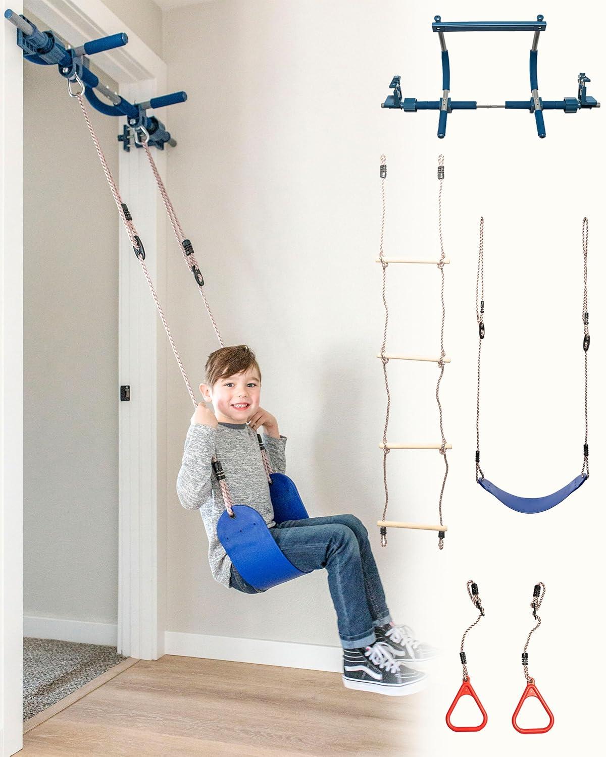 Gym1 4-Piece Deluxe Indoor Doorway Gym Set for Kids | Includes Swing Chair, Pull-Up Bar, Rings & Ladder
