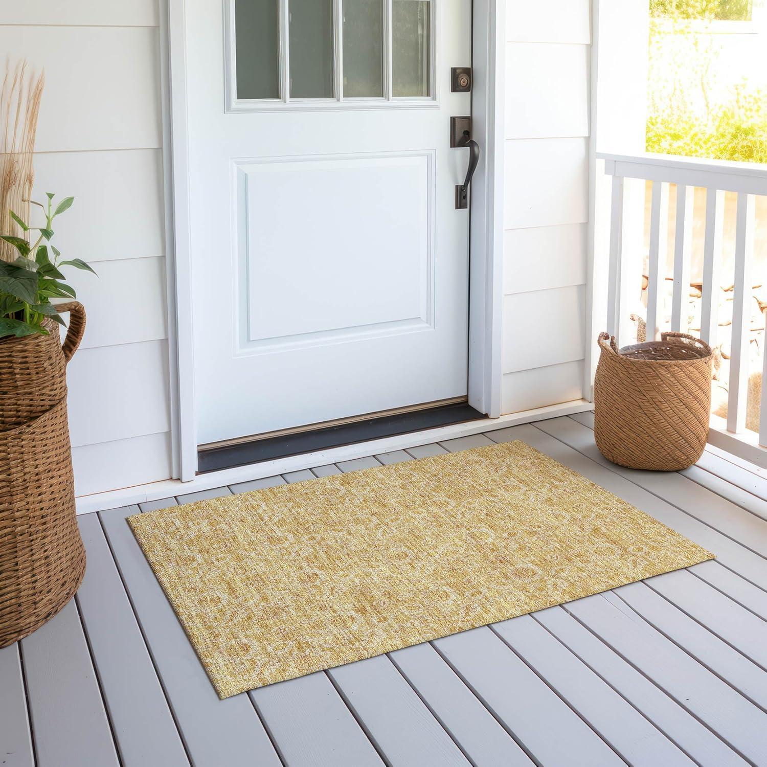 Gold Floral Indoor Outdoor Machine Washable Area Rug