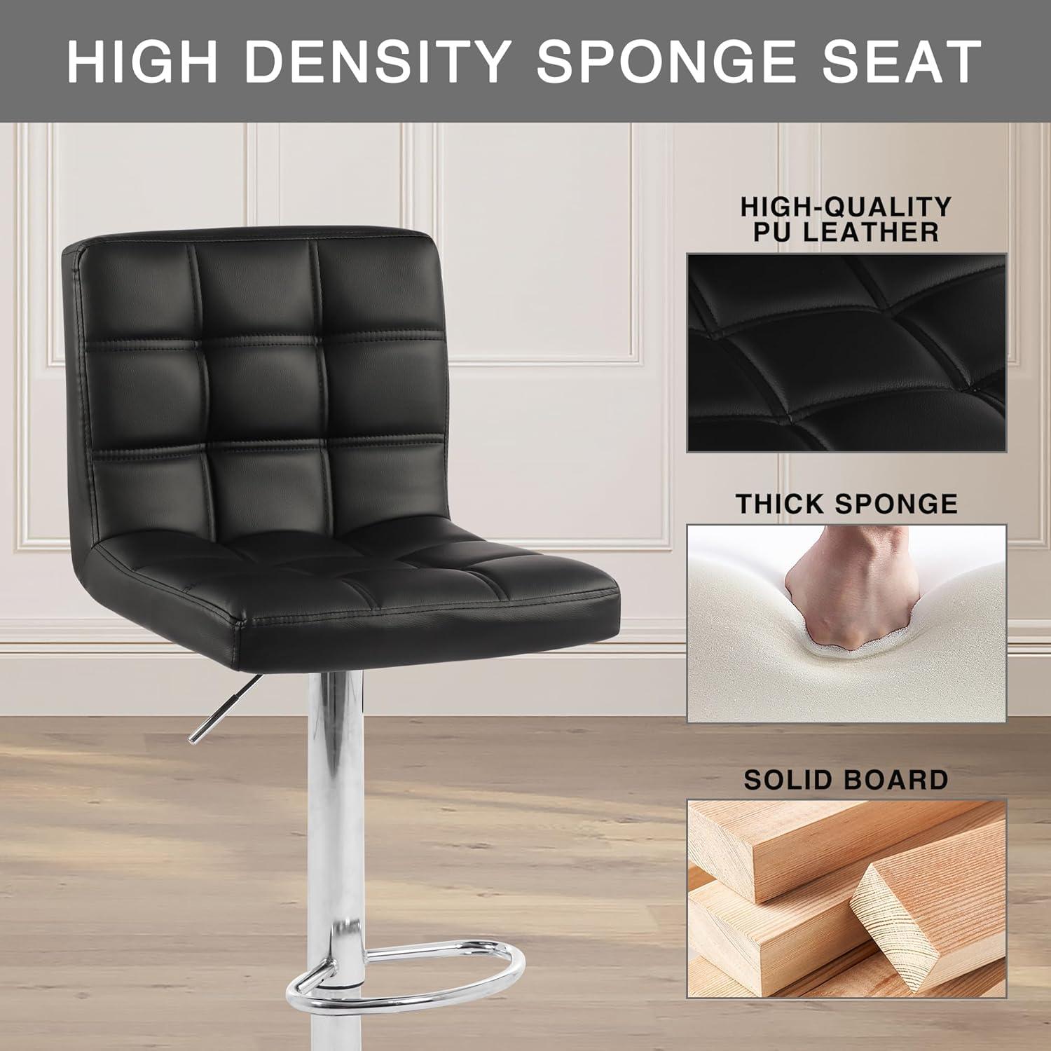 Barstools Set of 2 Counter Height Bar Stools Height Adjustable Back PU Leather Swivel Stools Hydraulic Swivel Dining Chairs for Kitchen Bar Restaurant Living Room, Black