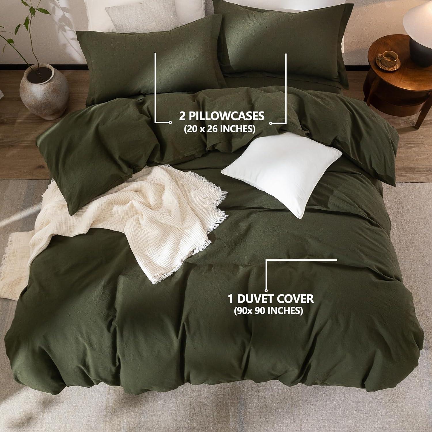 Olive Green Duvet Cover Queen Size, 100% Washed Cotton Bedding Set Cover 1 Duvet Cover 90inch x 90inch with Zipper Closure and 2 Pillowcases, Olive Green