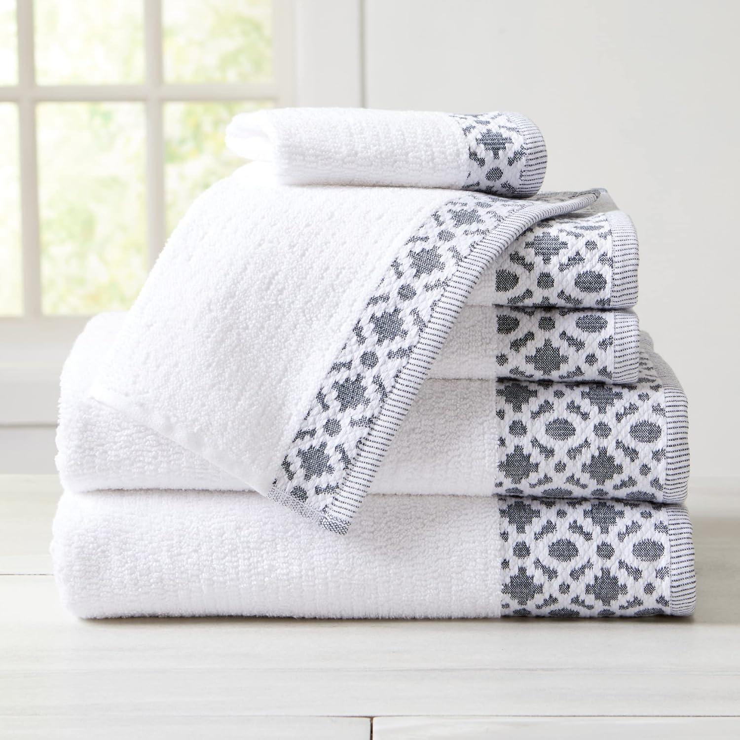Market & Place 100% Cotton Luxury Towel Set | Super Soft and Highly Absorbent | Textured Decorative Border | 2 Bath Towels, 2 Hand Towels, & 2 Washcloths | Nitra Collection (White/Navy)