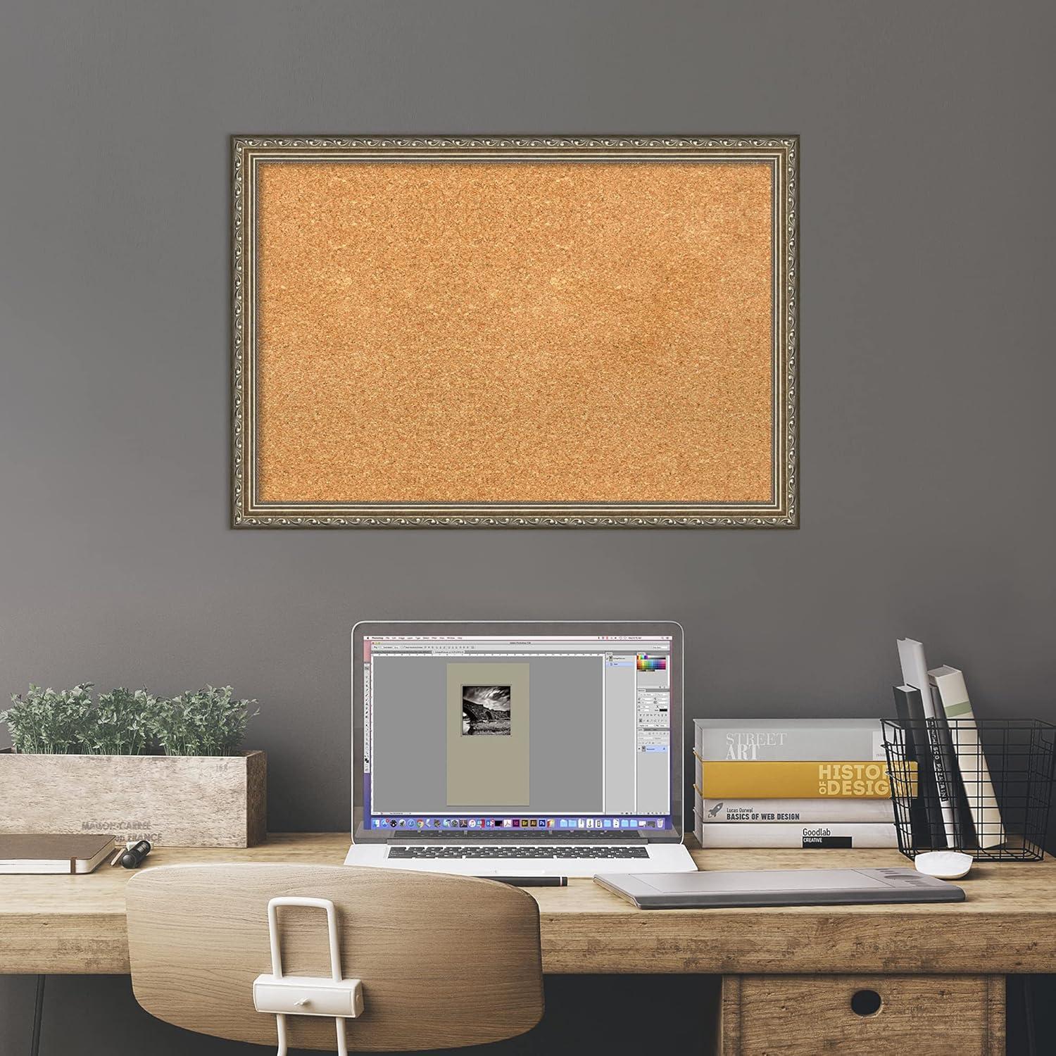 Amanti Art Parisian Silver Wood Framed Corkboard, Grey Cork