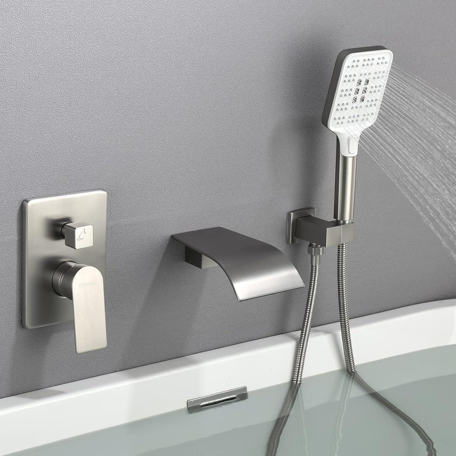 Tub Filler Faucet with Hand Shower Bath Tub Faucets with Rough-in Valve Trim Kit Wall Mounted Waterfall Bathtub Faucets Brushed Nickel