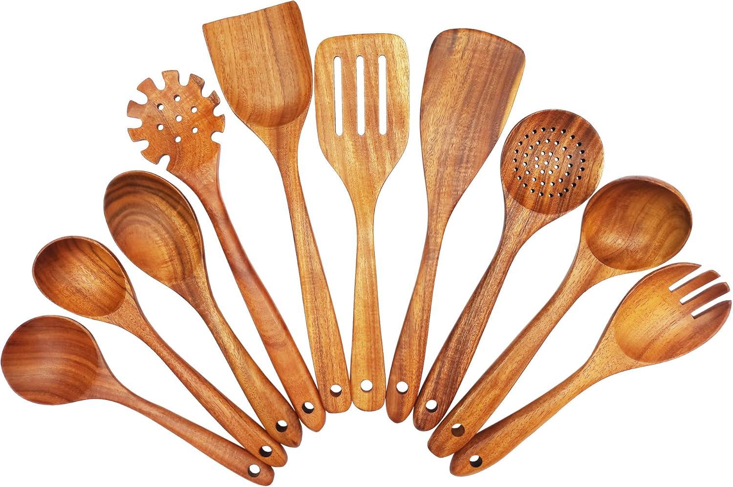Wooden Spoons for Cooking, 10 Pcs Teak Wood Cooking Utensil Set ‚ Wooden Kitchen Utensils for Nonstick Pans & Cookware ‚ Sturdy, Lightweight & Heat Resistant
