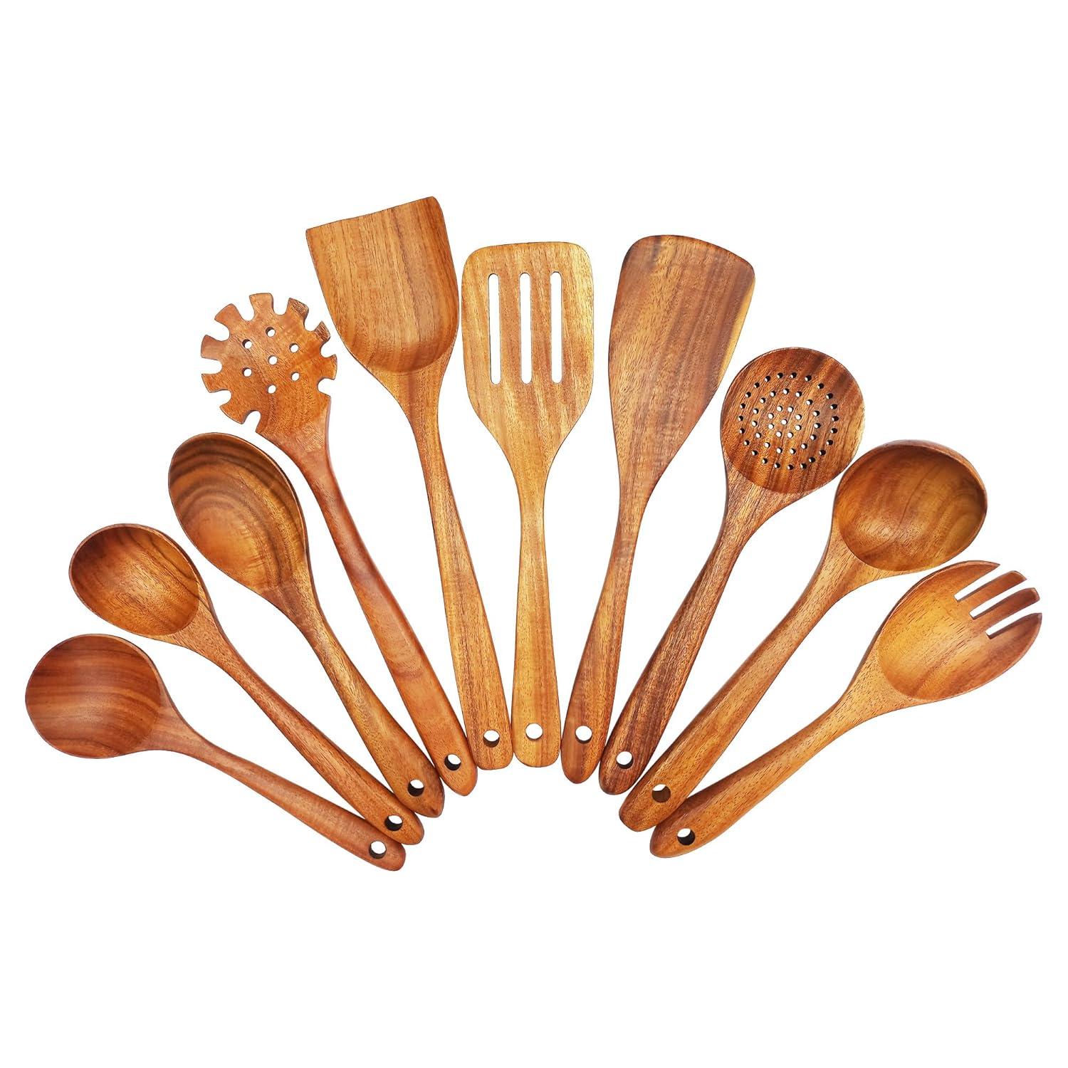 Wooden Spoons for Cooking, 10 Pcs Teak Wood Cooking Utensil Set ‚ Wooden Kitchen Utensils for Nonstick Pans & Cookware ‚ Sturdy, Lightweight & Heat Resistant