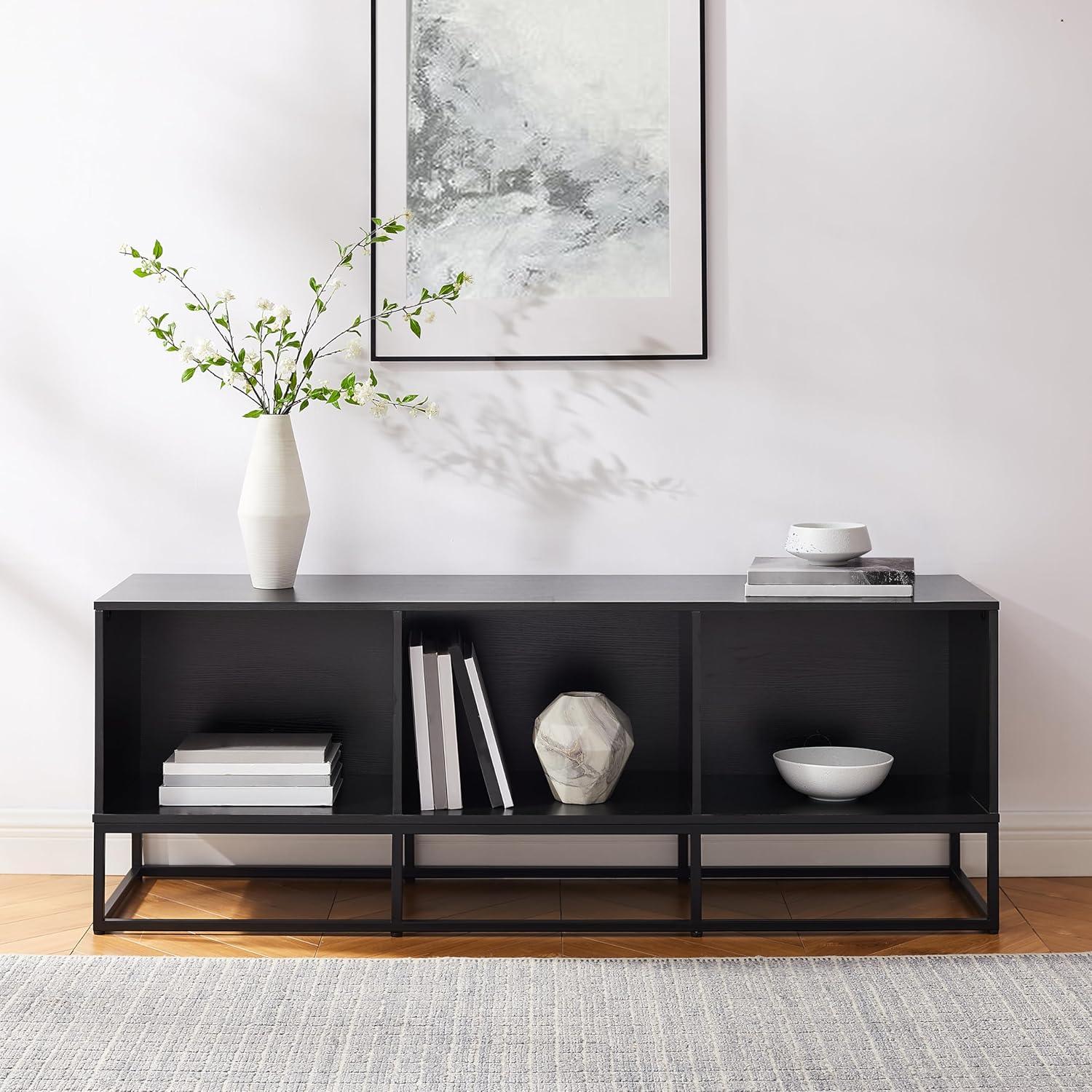 Crosley 60" Enzo Large Record Storage Media Console Black: Modern Industrial Style, Melamine Veneer, Steel Legs