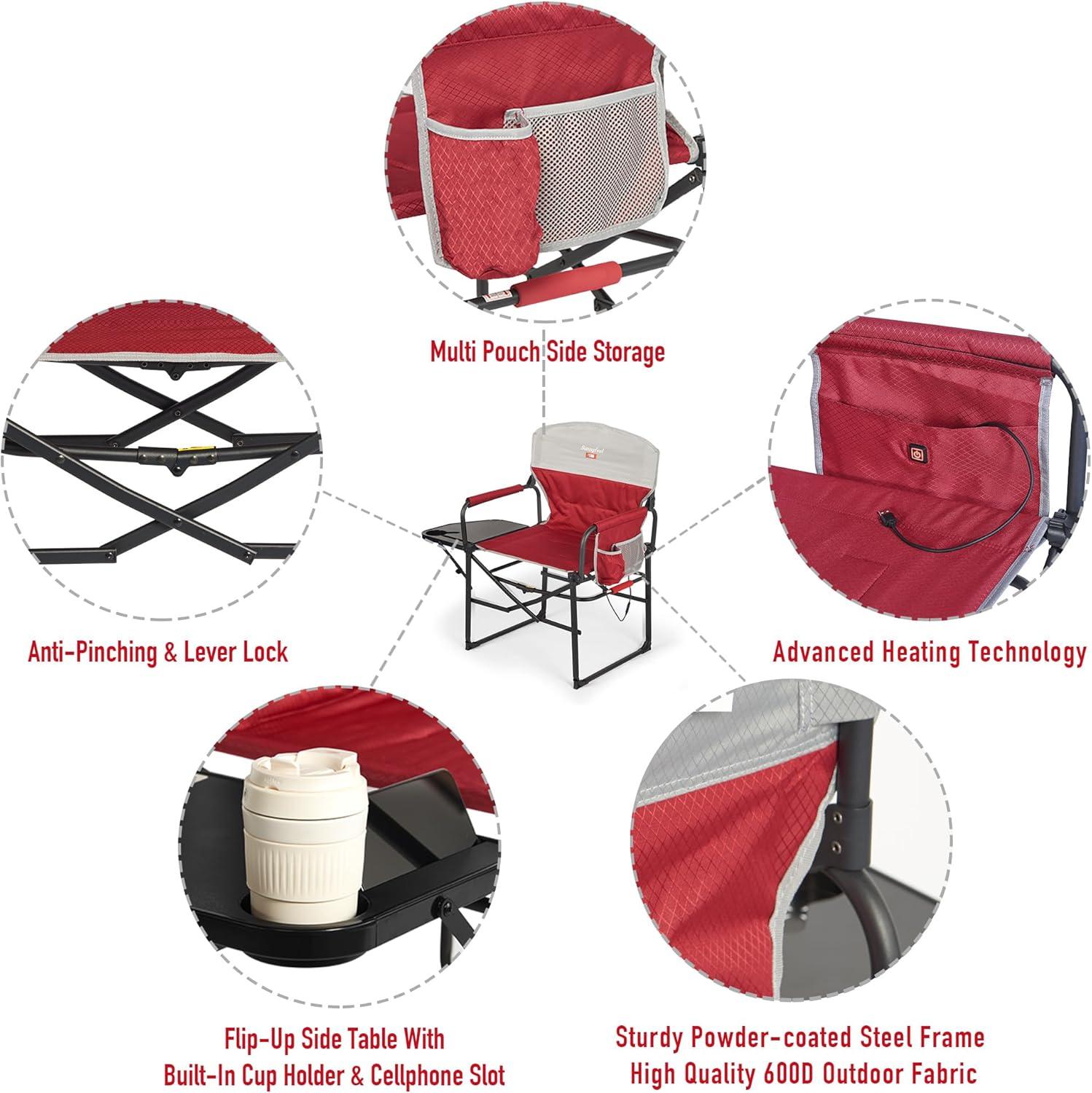 Red and Black Heated Steel Folding Directors Chair with Storage