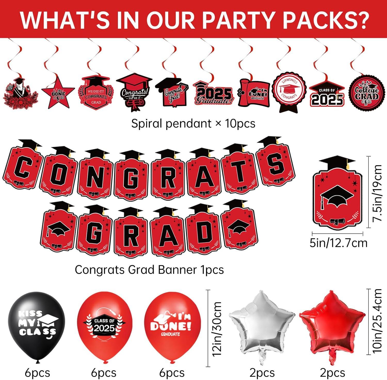 2025 Graduation Party Decoration, Red Gold Themed Set with Congrats Grad Banner, Balloons, Foil Number 2025 for Class of 2025 Graduation Party Supplies
