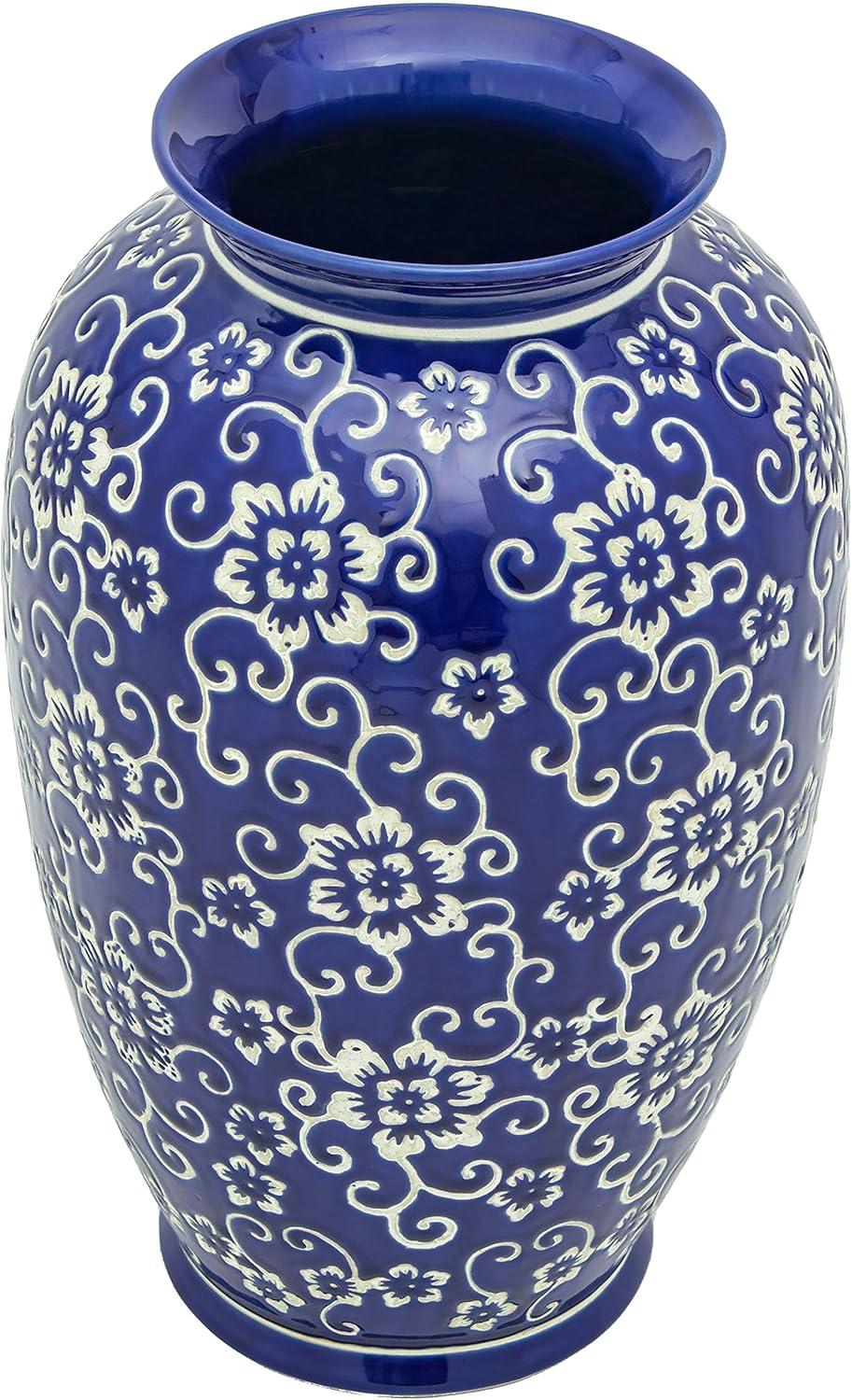 14" White Flowers on Blue Tung Chi Vase