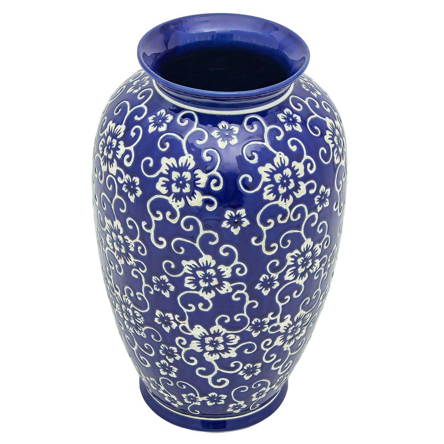 14" White Flowers on Blue Tung Chi Vase