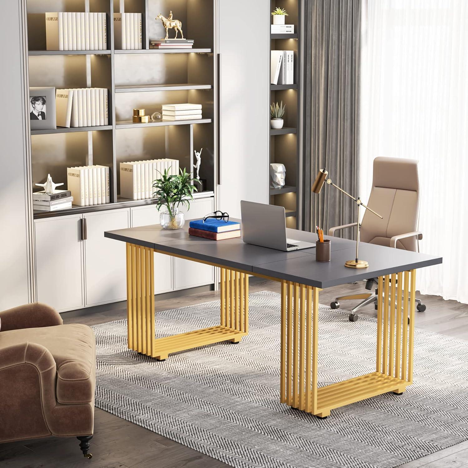 Tribesigns 70.9" Executive Office Desk, Modern Conference Desk with Metal Frame, White Gold