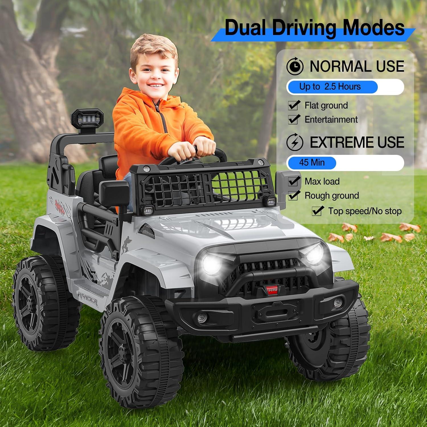Ride on Truck Car 12V Kids Electric Vehicles with Remote Control Spring Suspension, LED Lights, Bluetooth, 2 Speeds