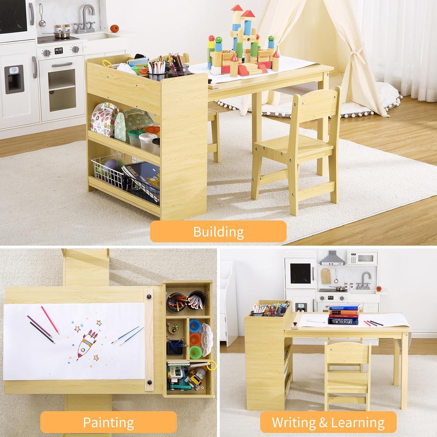 Yellow Wooden Kids Craft Table with Storage Shelves