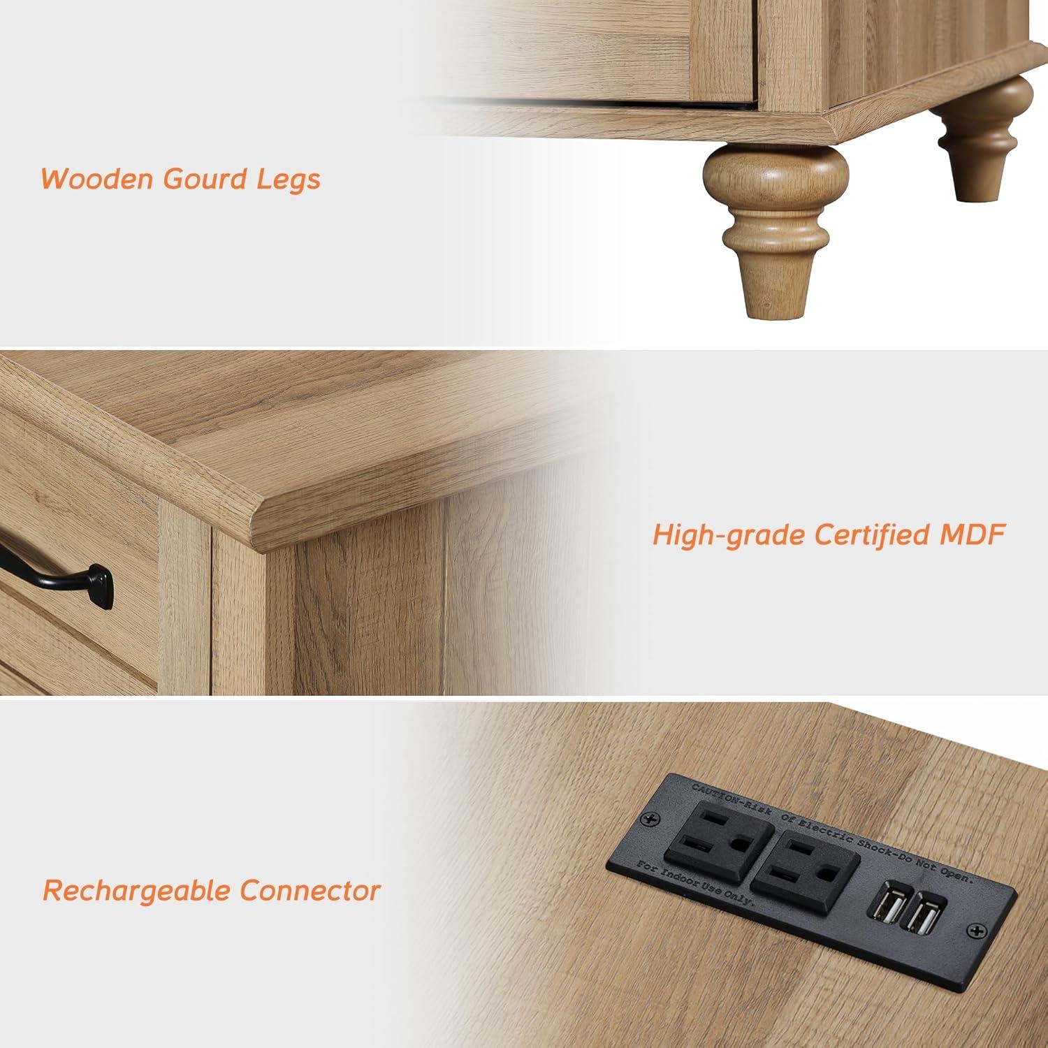 WAMPAT Farmhouse End Table with Charging Station, Light Wood Sofa Side Table with Storage Cabinet, Narrow Night Stand Bedside Table with Drawer for Living Room, Bedroom, Oak