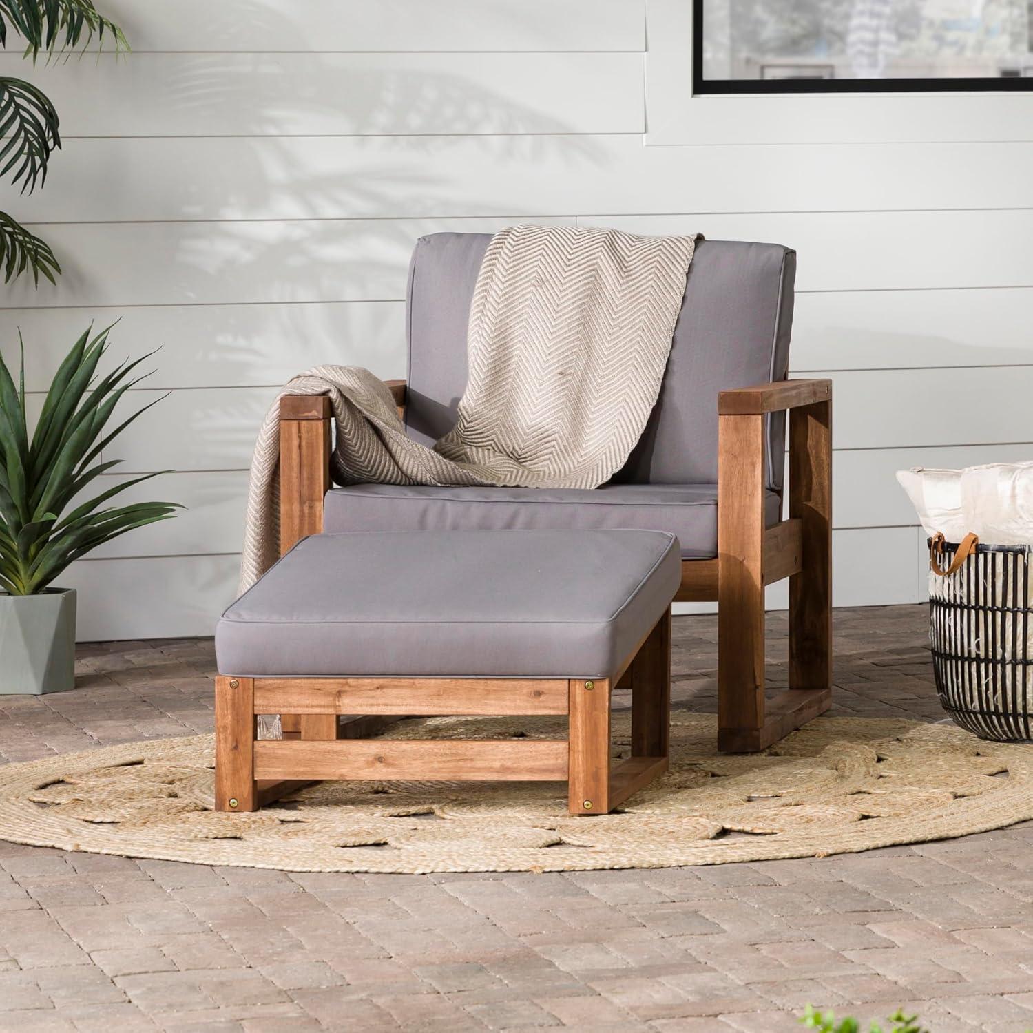 Outdoor Patio Open Side Chair and Ottoman with Cushions - Brown