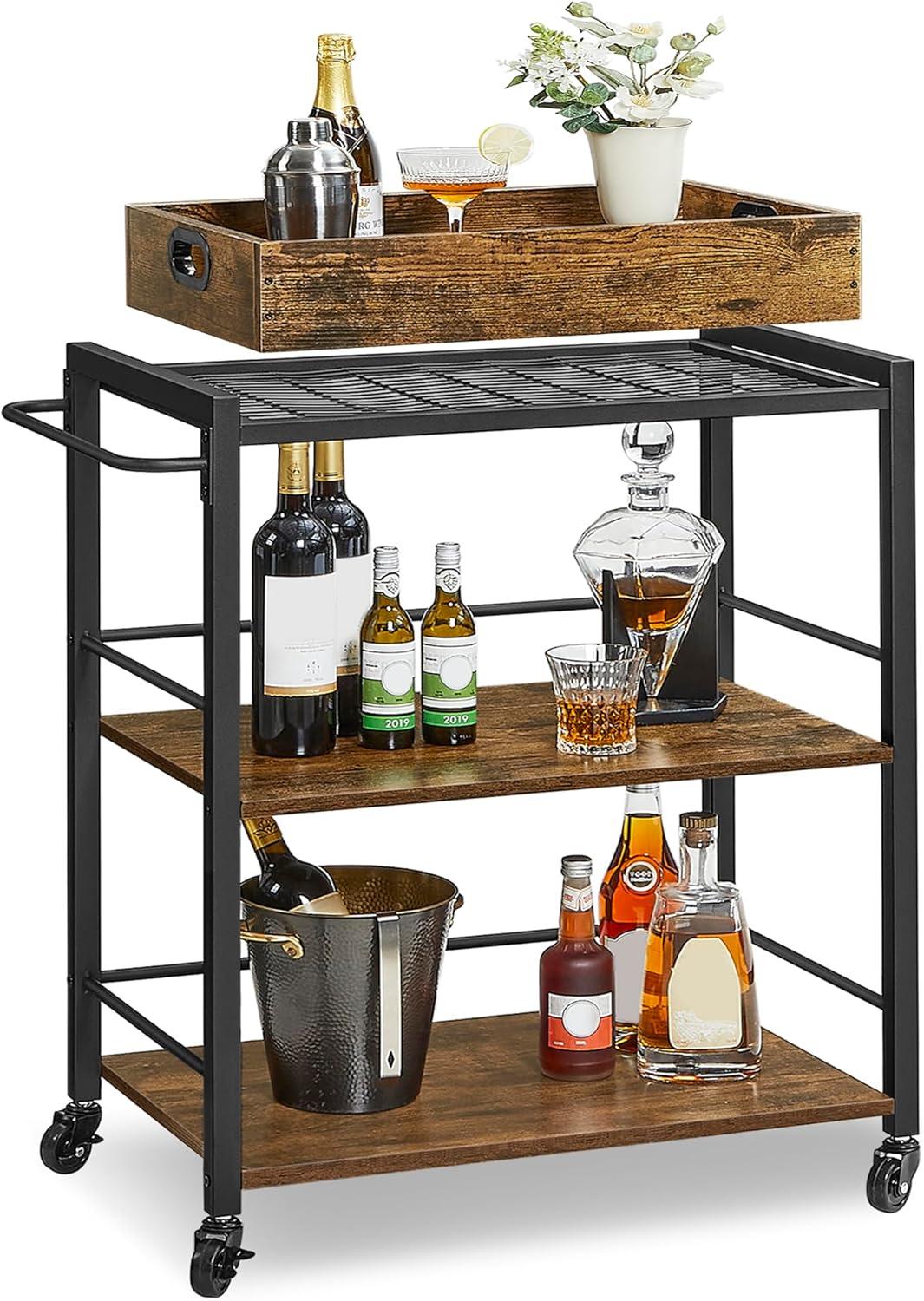 VASAGLE Industrial Bar Cart, Kitchen Serving Cart, 3-Tier Beverage Cart, Rustic Brown and Black