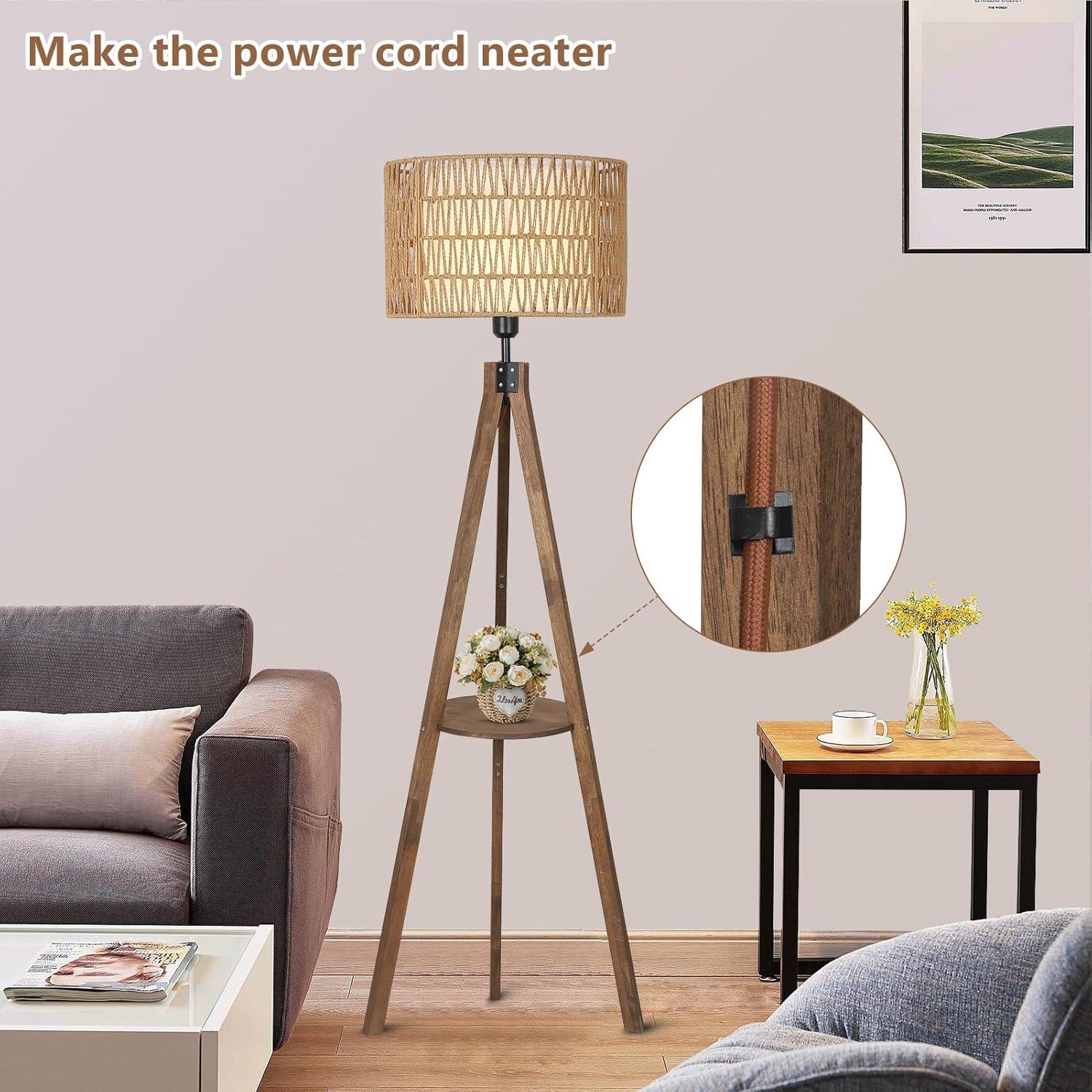 Boho Tripod Floor Lamp with Shelves, Mid Century Wood Standing Lamp with Rattan & Fabric Shades, ON/Off Foot Switch, Modern Farmhouse Tall Floor Lamps for Living Room Bedroom Office