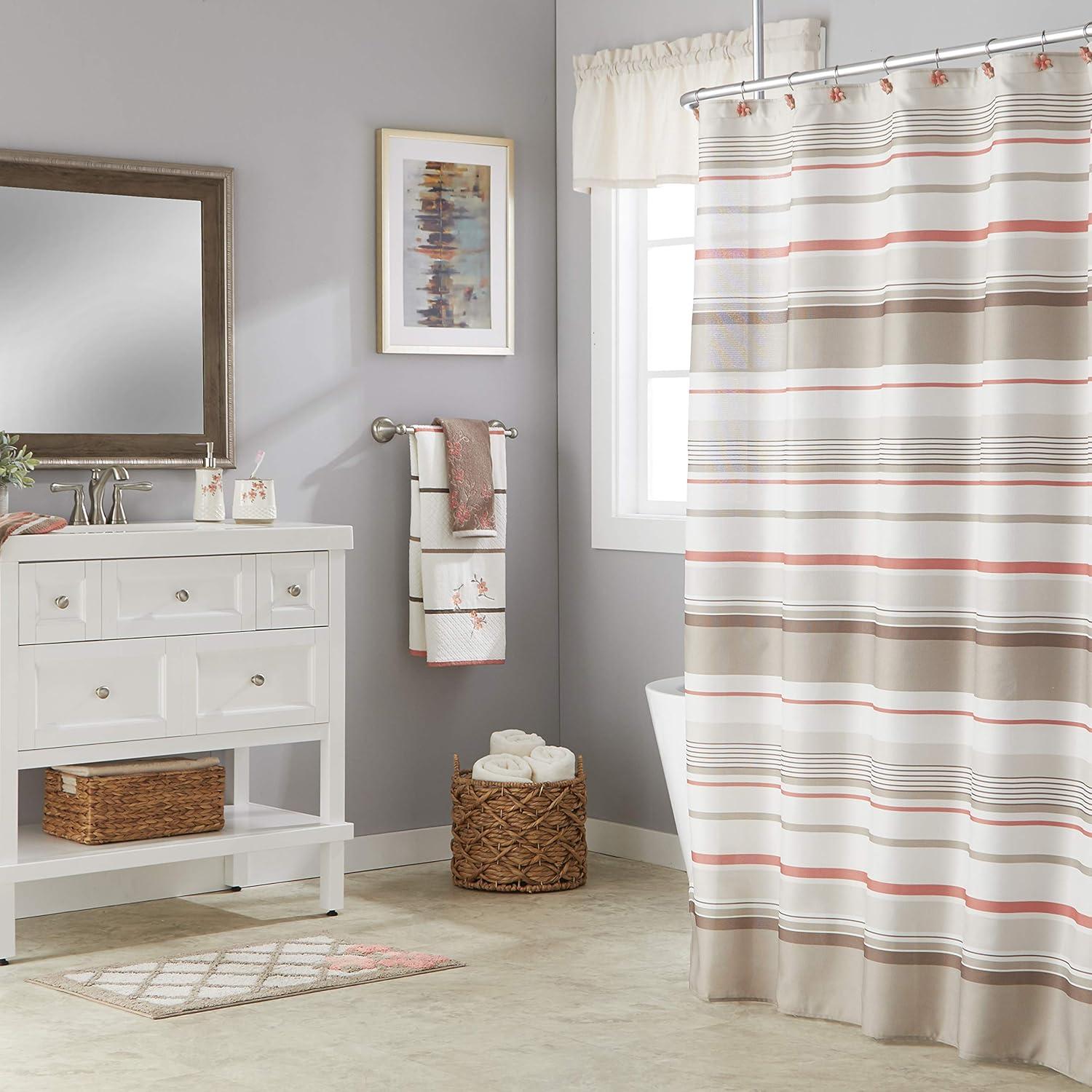 Coral Garden Stripe Tan Fabric Shower Curtain