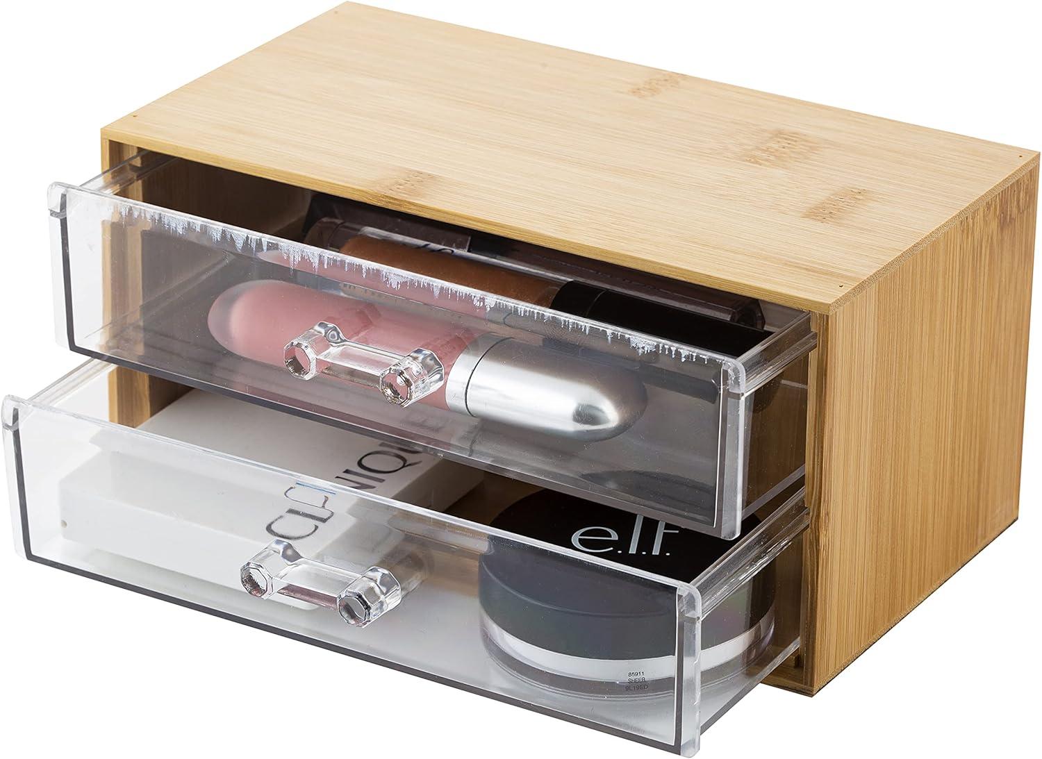 Compact Bamboo and Clear 2-Drawer Cosmetic Organizer