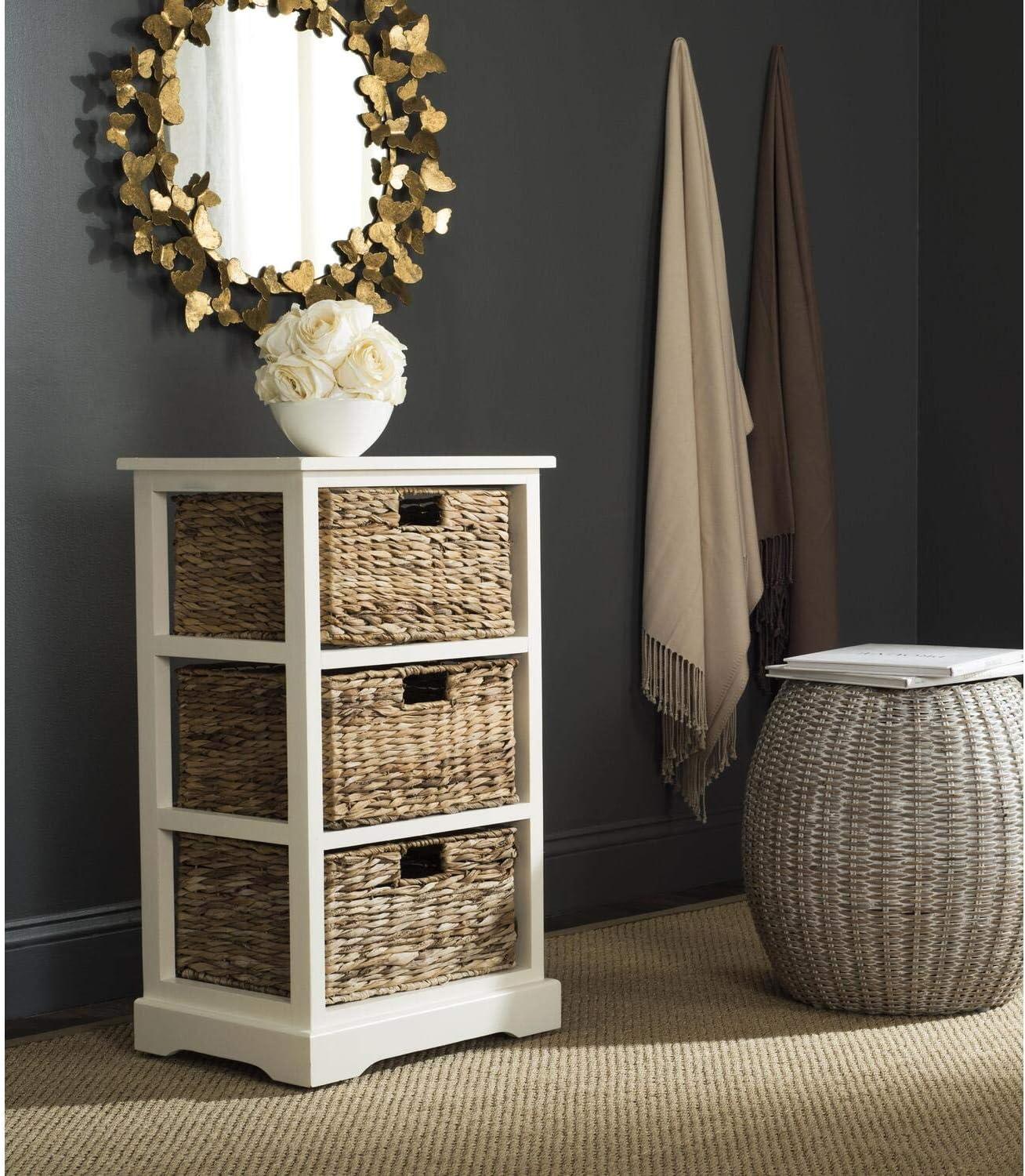 Distressed White Pine Wood 3-Drawer Side Table with Wicker Baskets