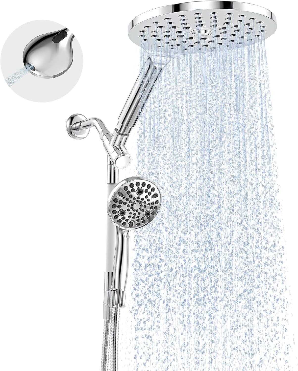 Dual Handheld Shower Head Combo, 2-in-1 Rain Shower Heads System 8 Inch Rainfall Shower Head and 10 Modes High Pressure Hand Held Showerhead with Built-in Power Wash