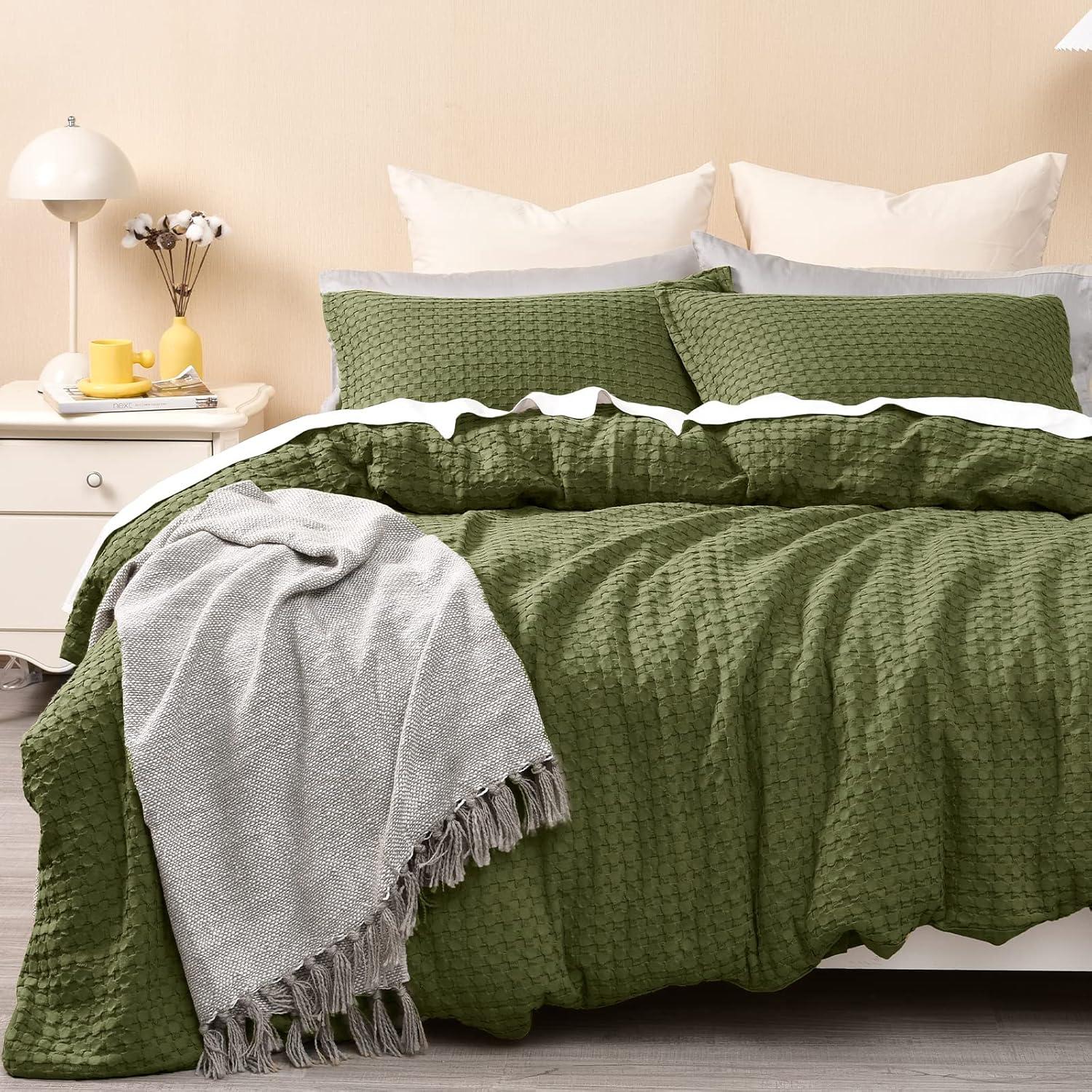 Olive Green Cotton Waffle King Duvet Cover Set