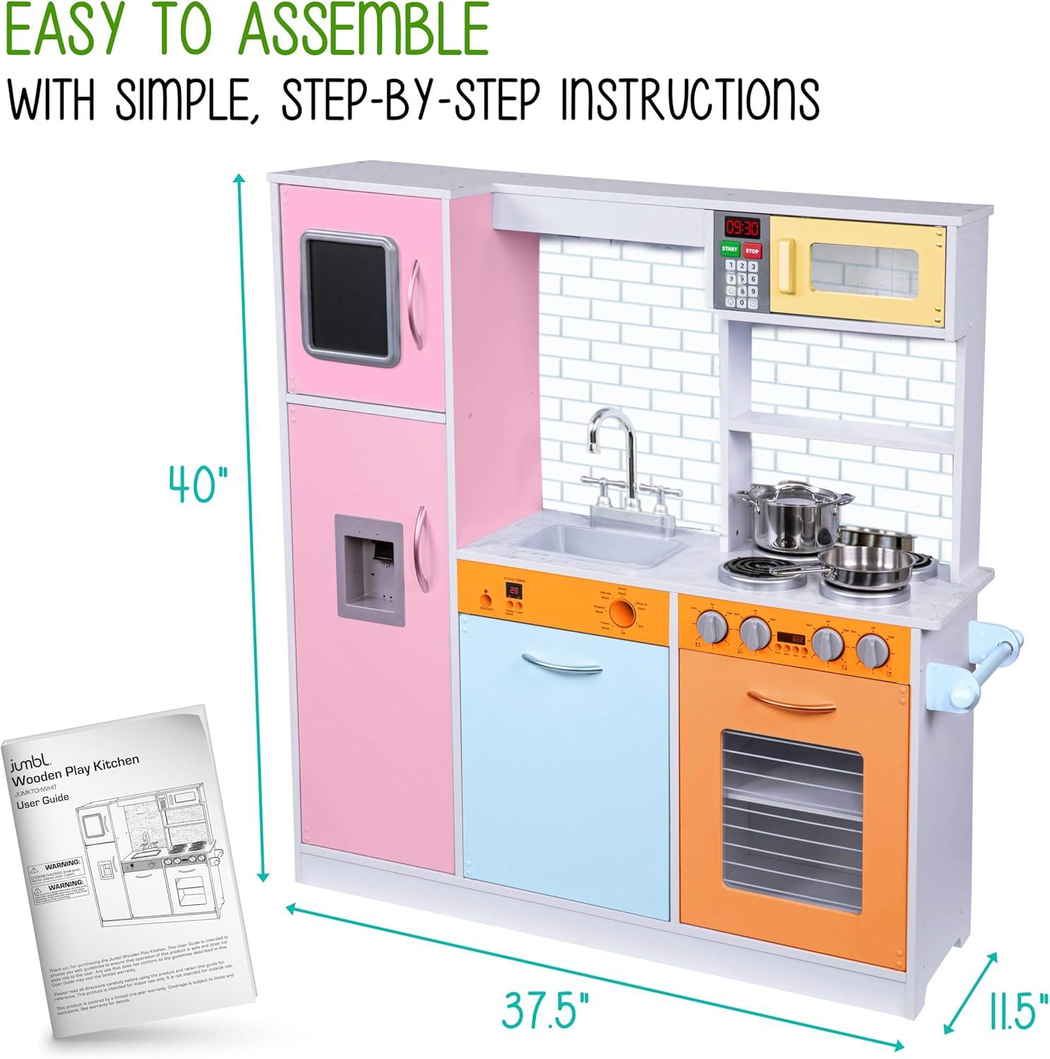 Lil' Jumbl Kids Kitchen Set, Wooden Pretend Play Kitchen with Sounds & Accessories - Colorful