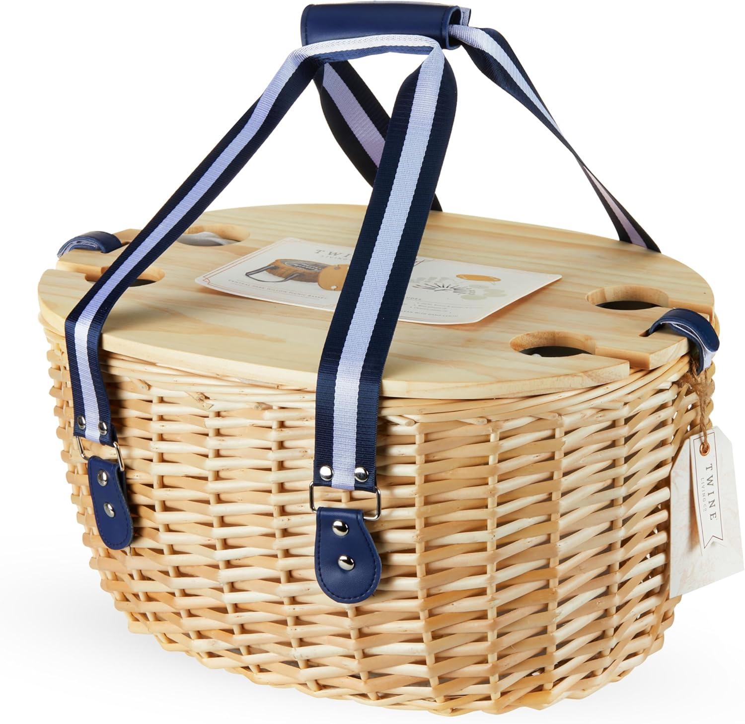 Twine Central Park Outdoor Picnic Basket with Lid and Handle, Four Person Wicker Picnic Basket with Accessories Picnic Equipment 22-Piece Set